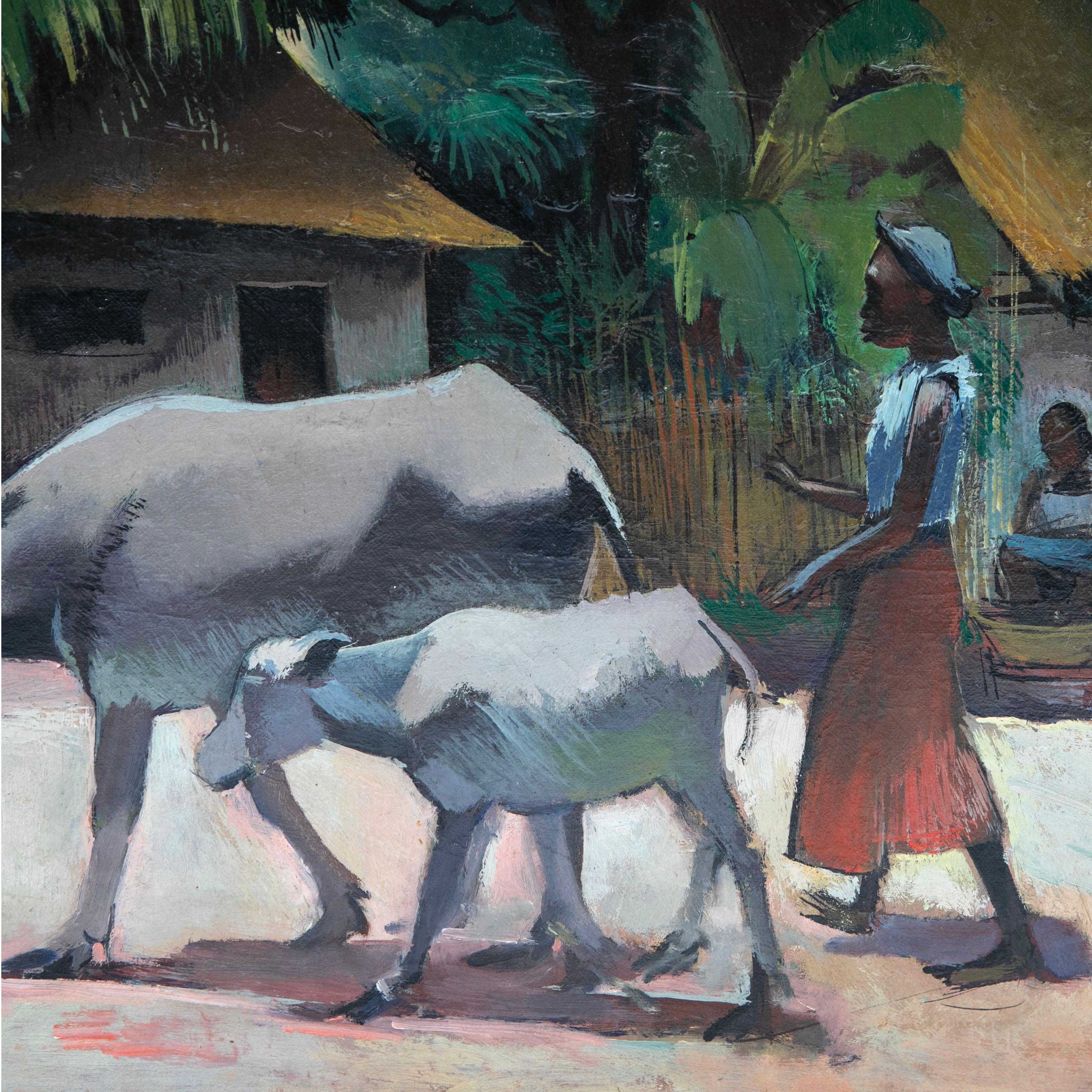 20th Century Victor Bailey Isbrand, Javanese Village Scene Painting, Oil on Canvas