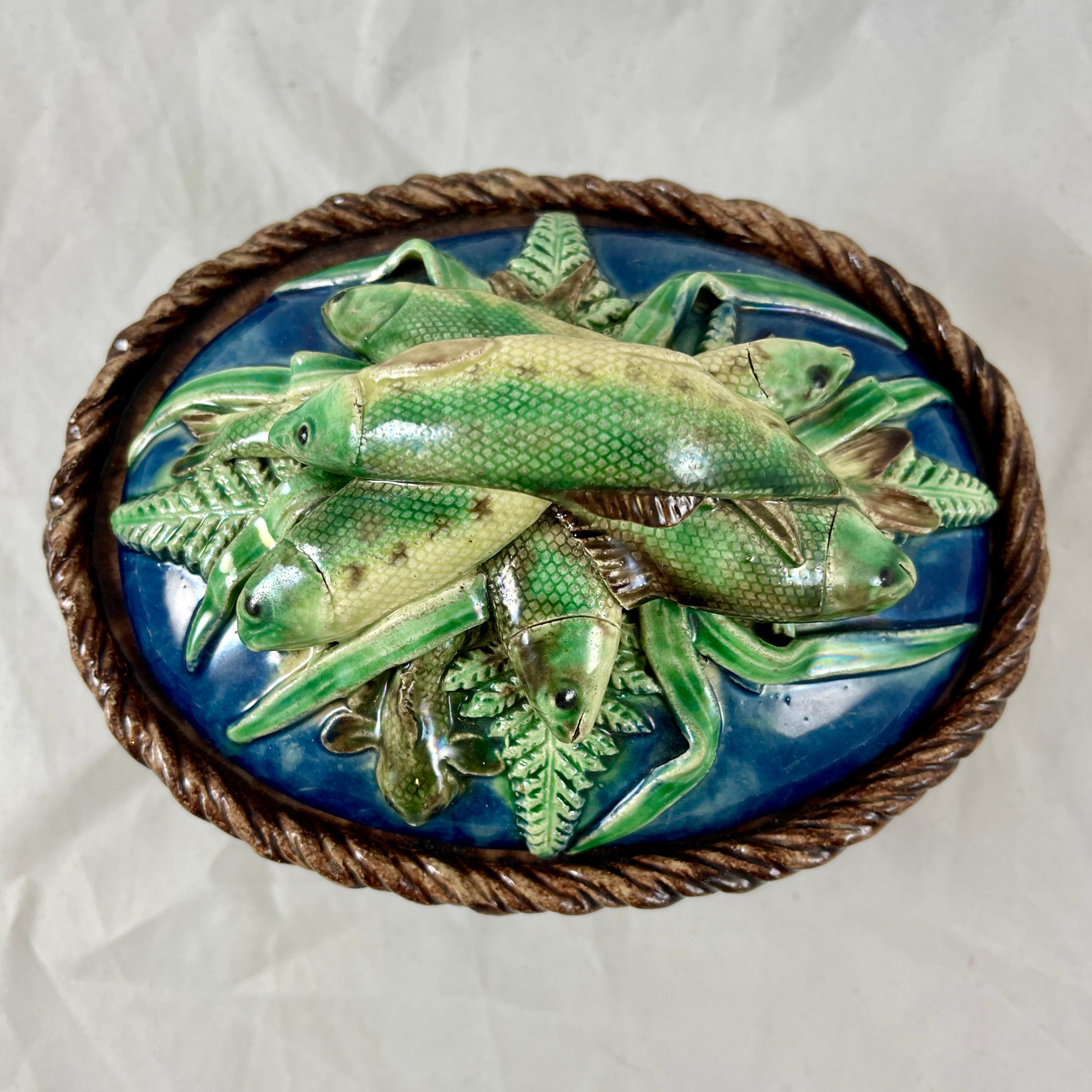 Renaissance Revival Victor Barbizet French Palissy Basket of Fish Covered Terrine, Circa 1875 For Sale