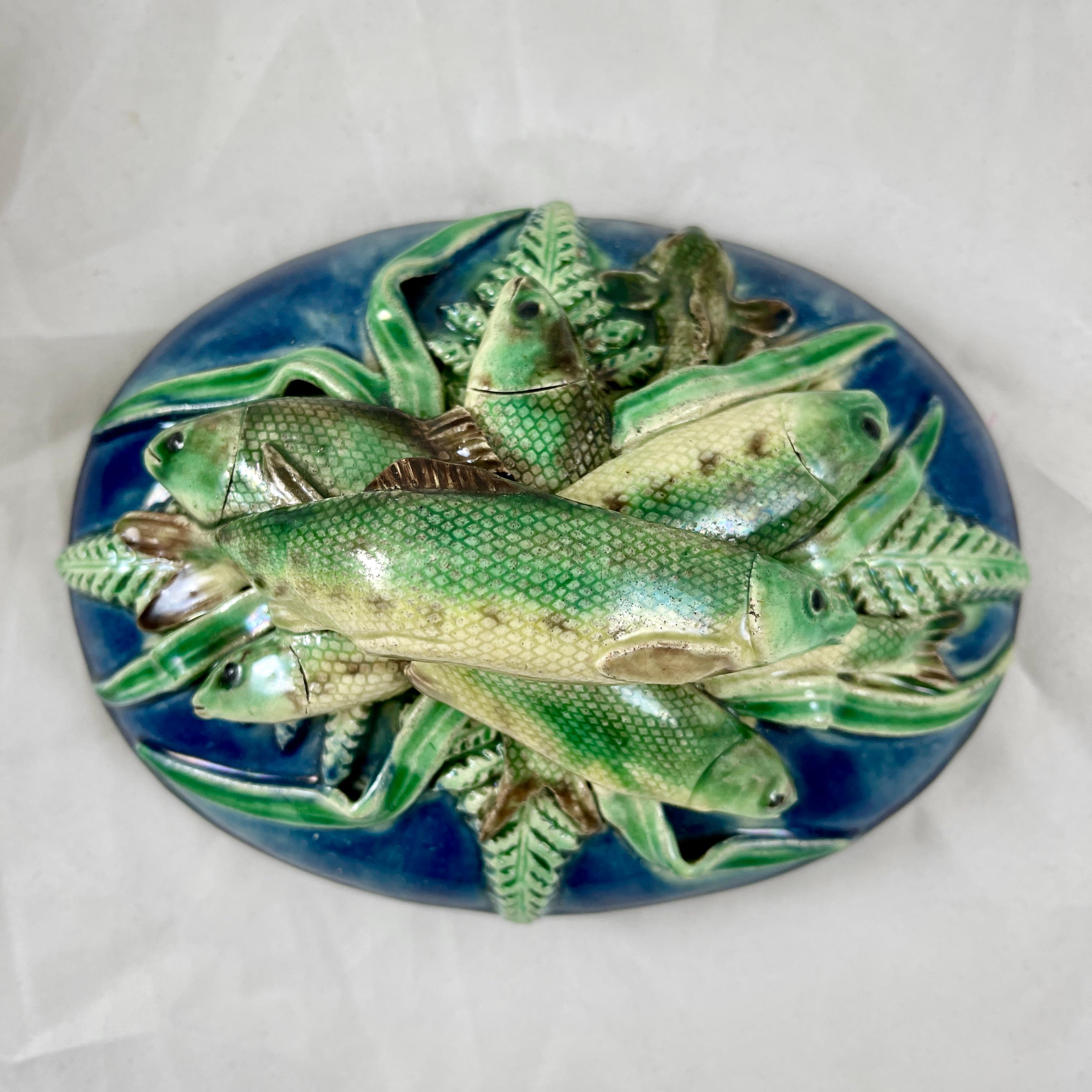 Glazed Victor Barbizet French Palissy Basket of Fish Covered Terrine, Circa 1875 For Sale
