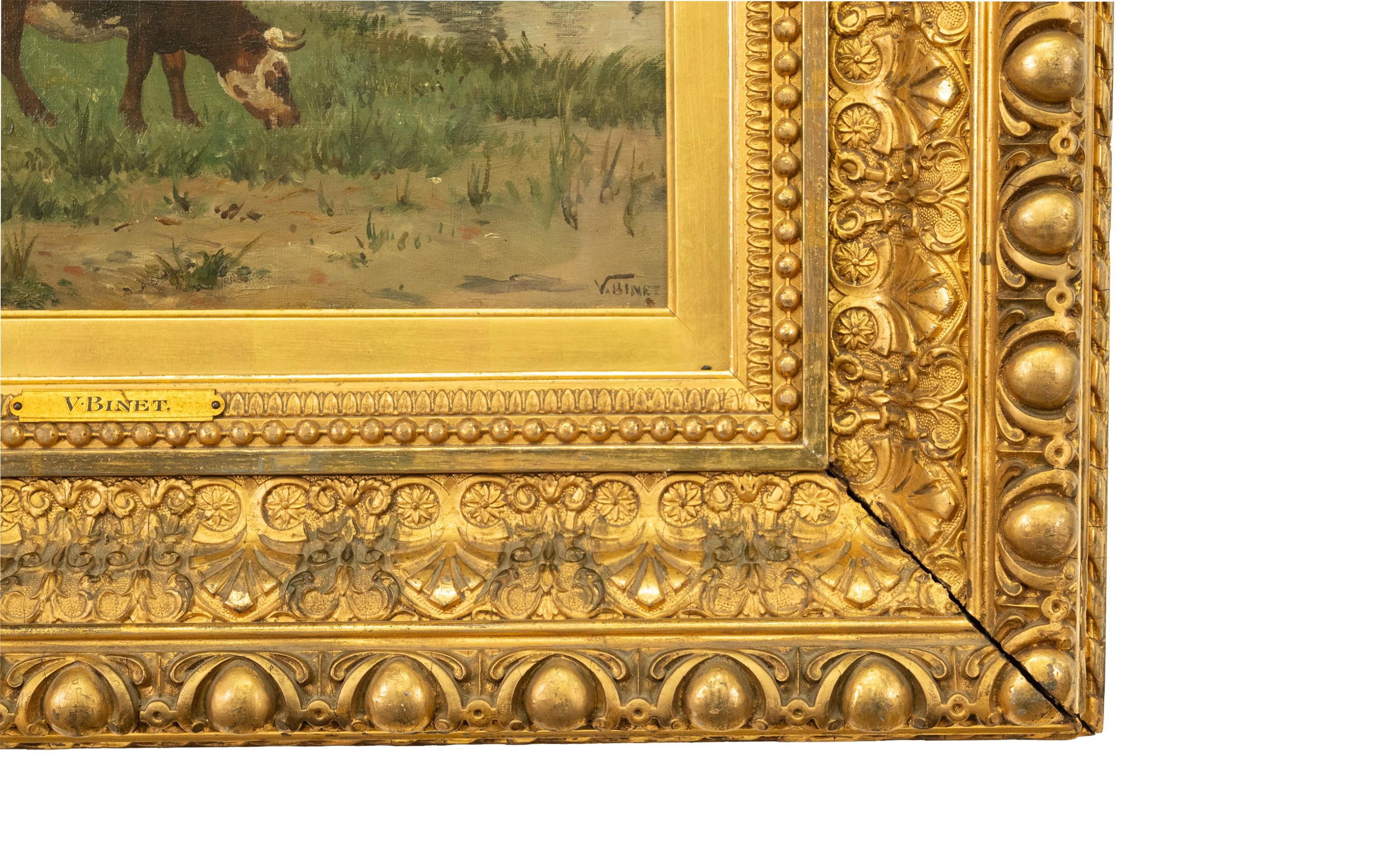 Ancienne huile sur toile de l'école de Barbizon Paysage vaches Victor Binet 1875 en vente 9