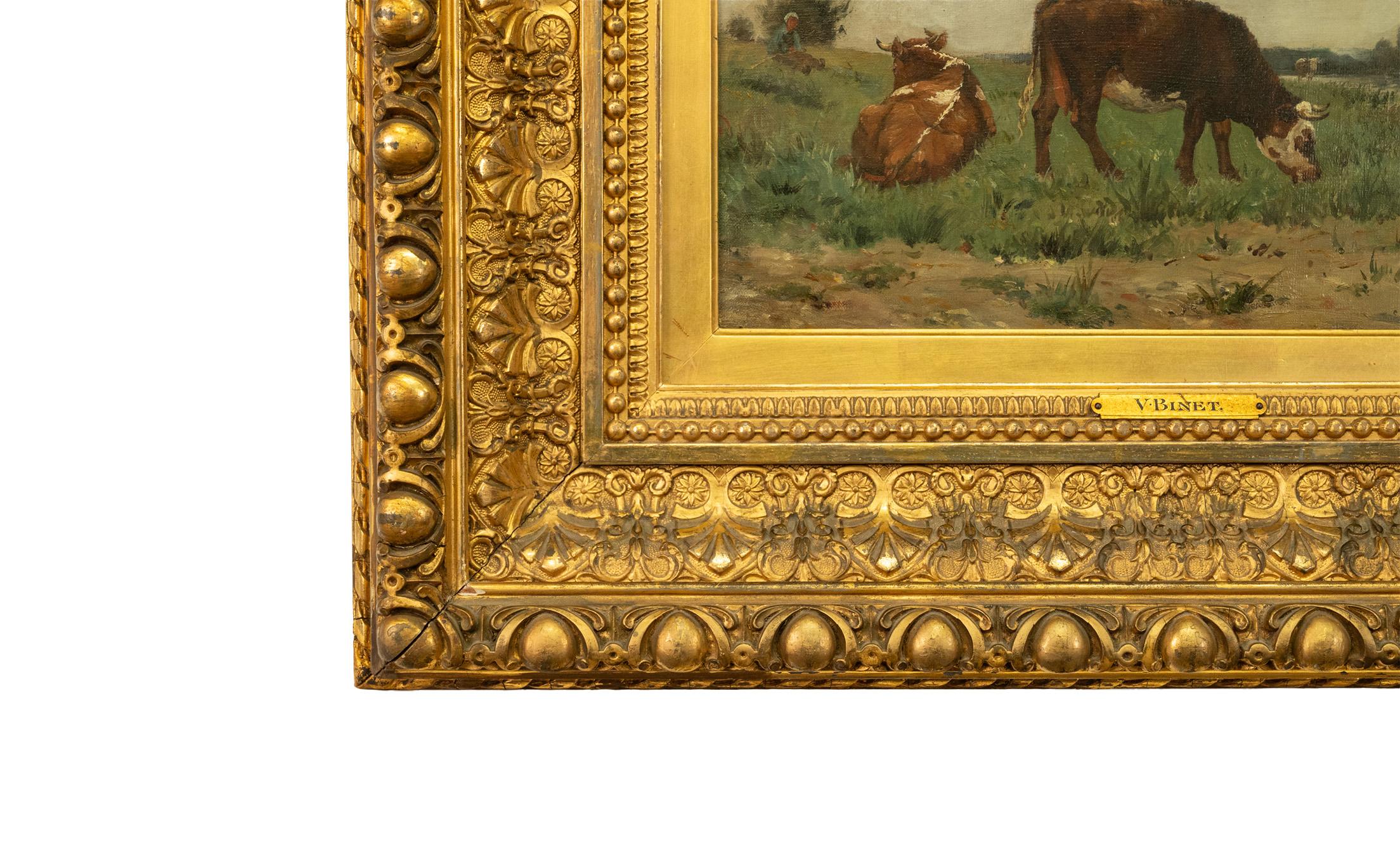 Ancienne huile sur toile de l'école de Barbizon Paysage vaches Victor Binet 1875 en vente 10