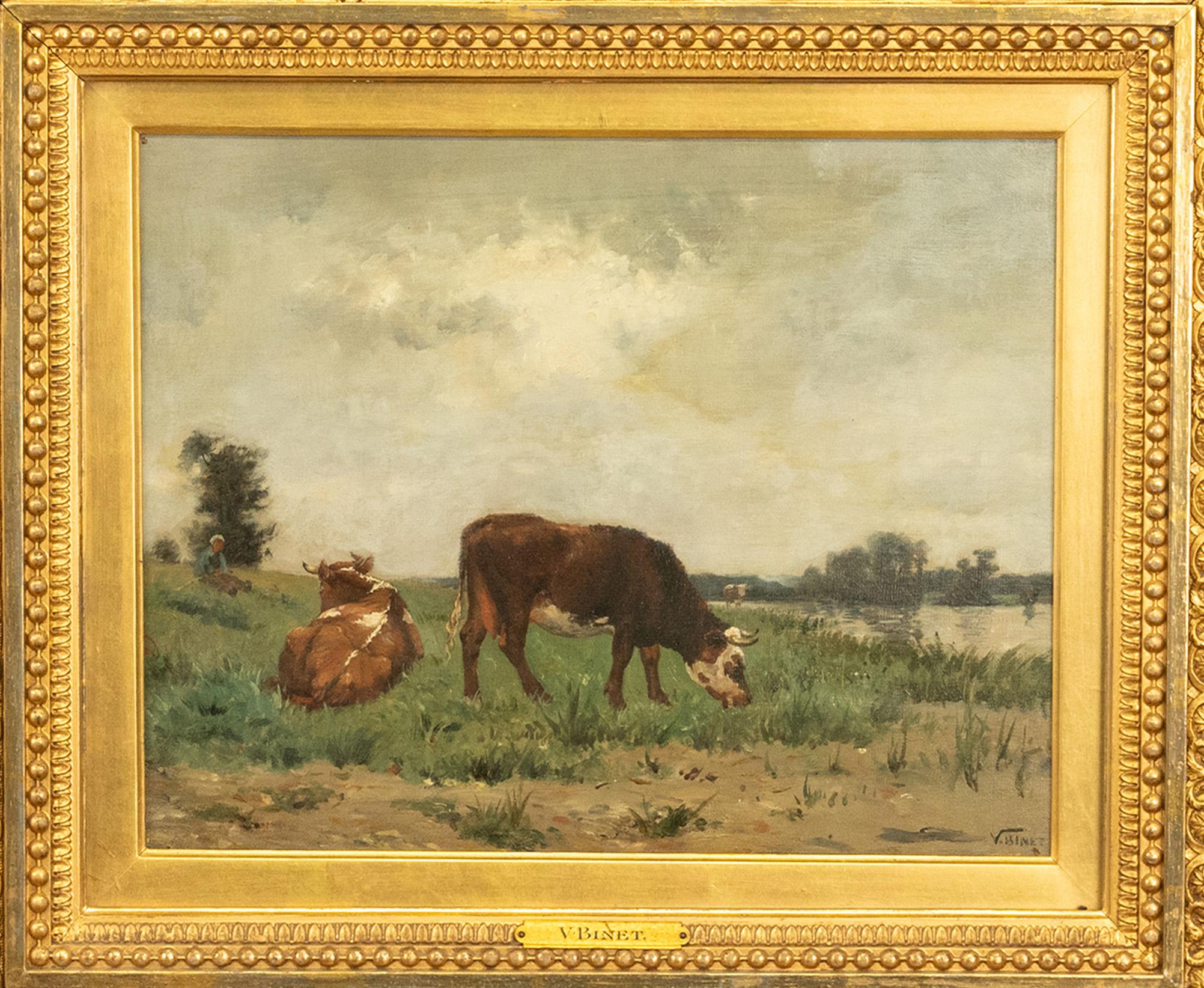 Antique French Oil on Canvas Barbizon School Landscape Cows Victor Binet 1875 For Sale 1