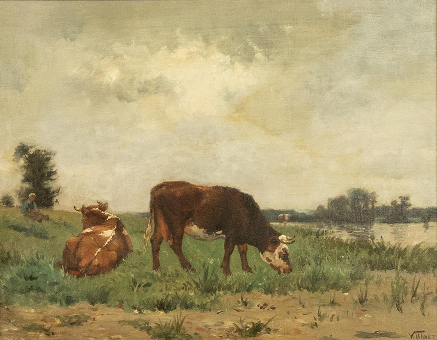 Antique French Oil on Canvas Barbizon School Landscape Cows Victor Binet 1875 For Sale 2