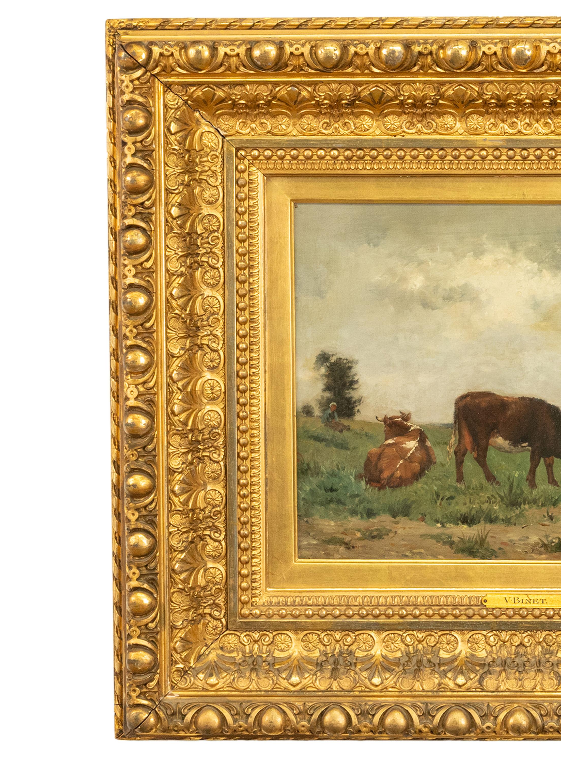 Ancienne huile sur toile de l'école de Barbizon Paysage vaches Victor Binet 1875 en vente 3