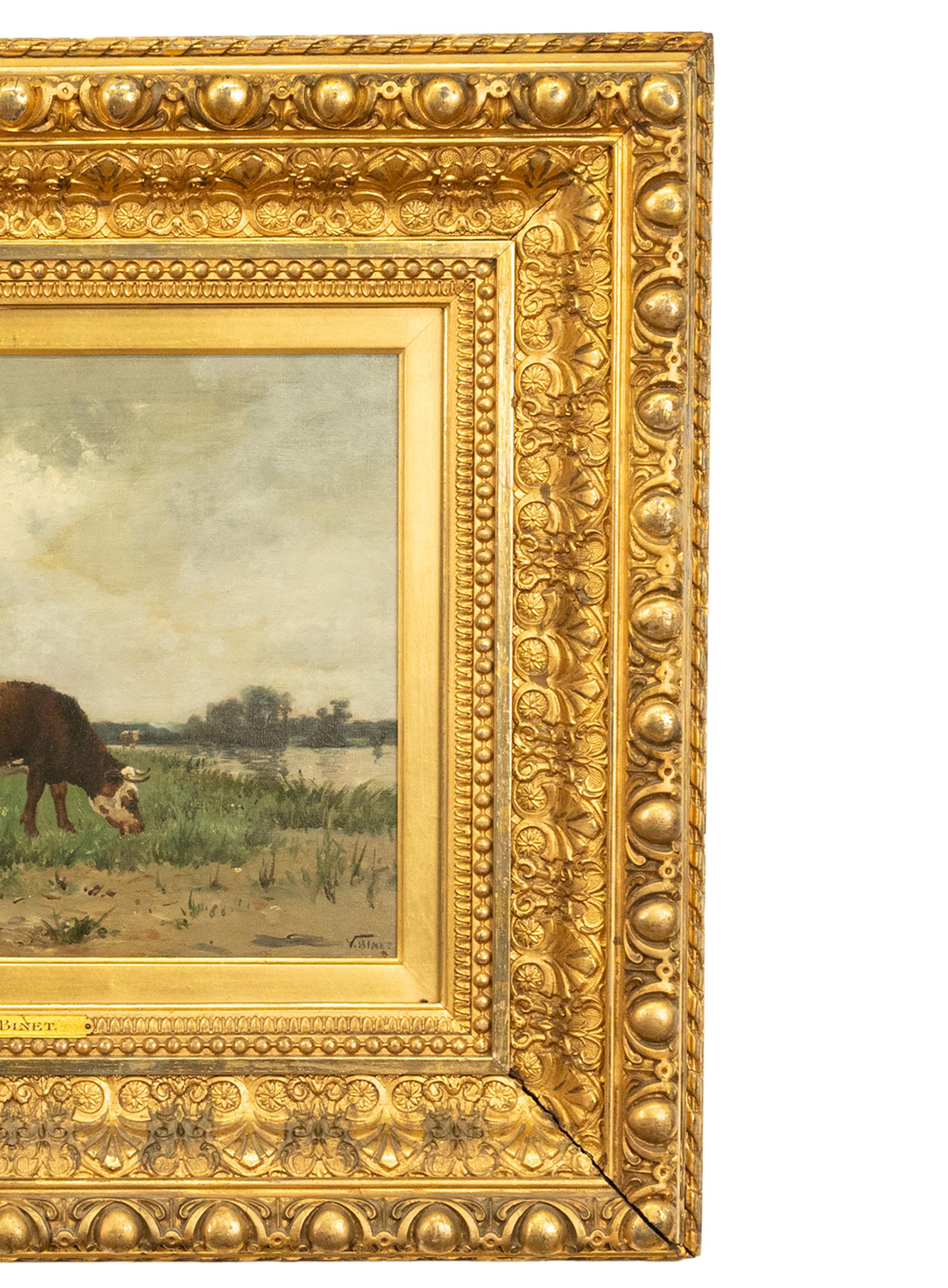 Ancienne huile sur toile de l'école de Barbizon Paysage vaches Victor Binet 1875 en vente 4
