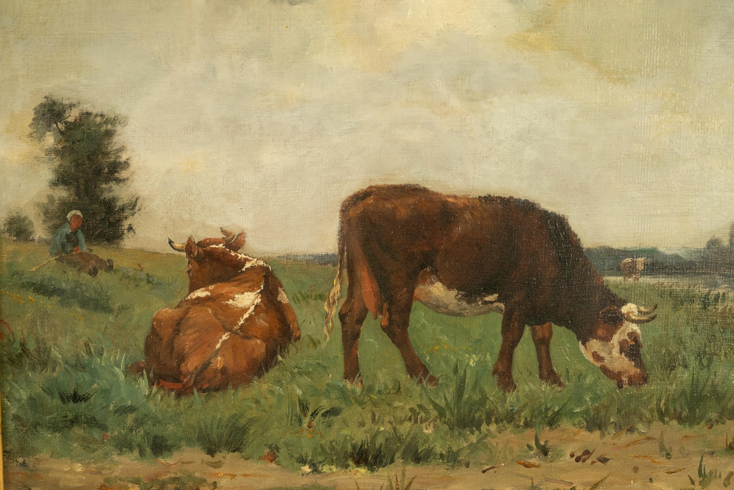 Antique French Oil on Canvas Barbizon School Landscape Cows Victor Binet 1875 For Sale 5