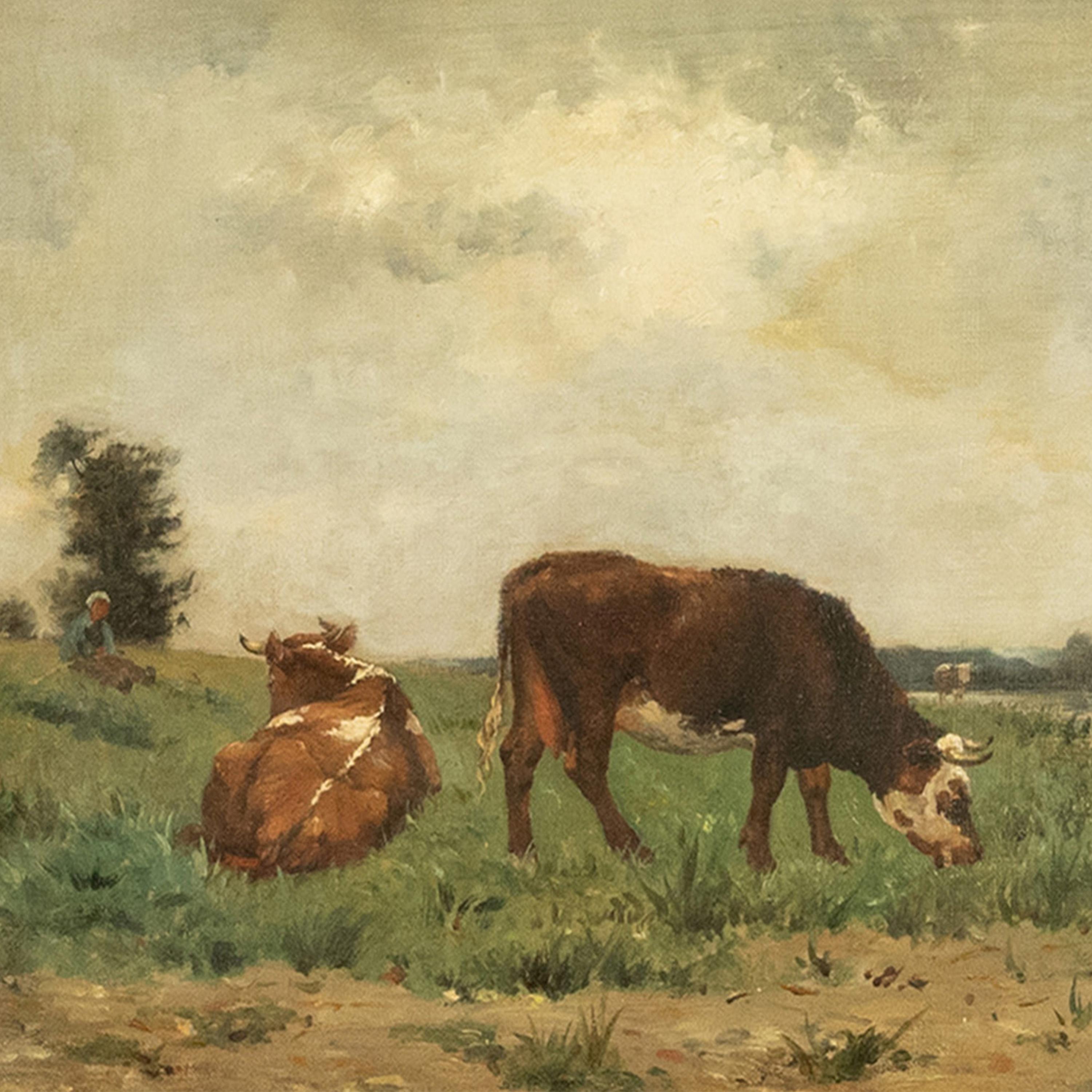Antique French Oil on Canvas Barbizon School Landscape Cows Victor Binet 1875 For Sale 6