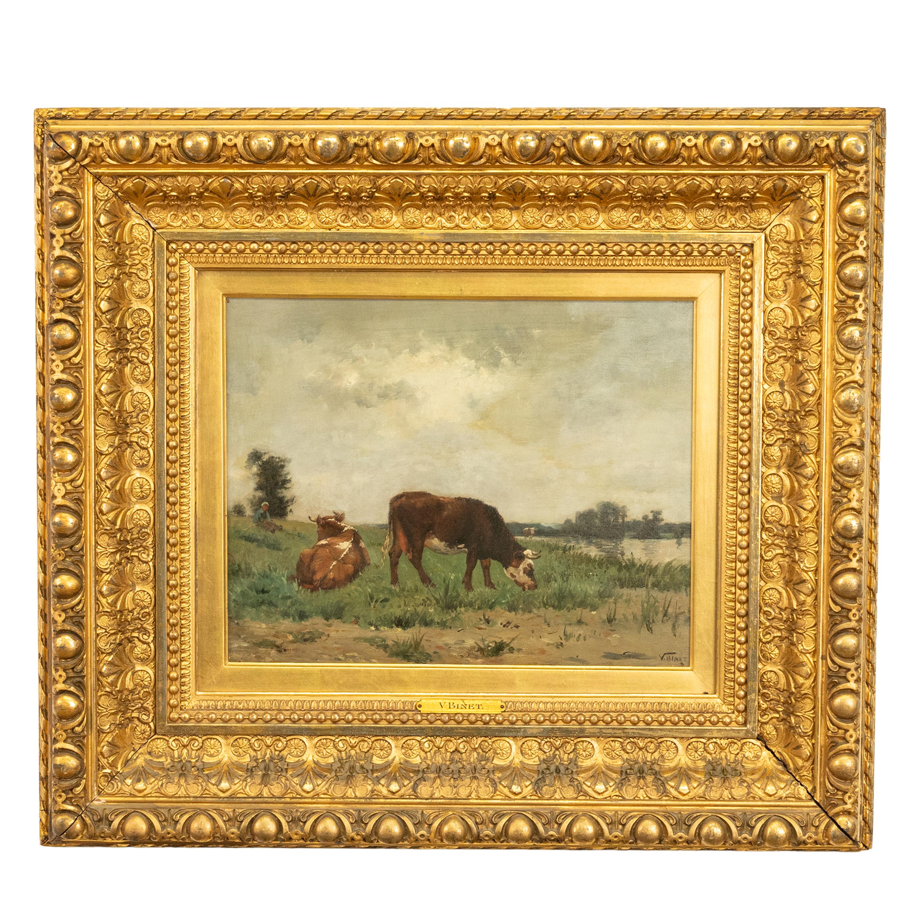 VICTOR JEAN BAPTISTE BARTHELEMY BINET 
Französisch, 1849-1924
Dieses sehr attraktive und frühe Gemälde von Binet aus der Zeit um 1875 ist der Inbegriff der späten Schule von Barbizon. Zeigt ein Paar Kühe in einer idyllischen Landschaft, eine grasend
