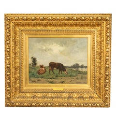 Antique French Oil on Canvas Barbizon School Landscape Cows Victor Binet 1875