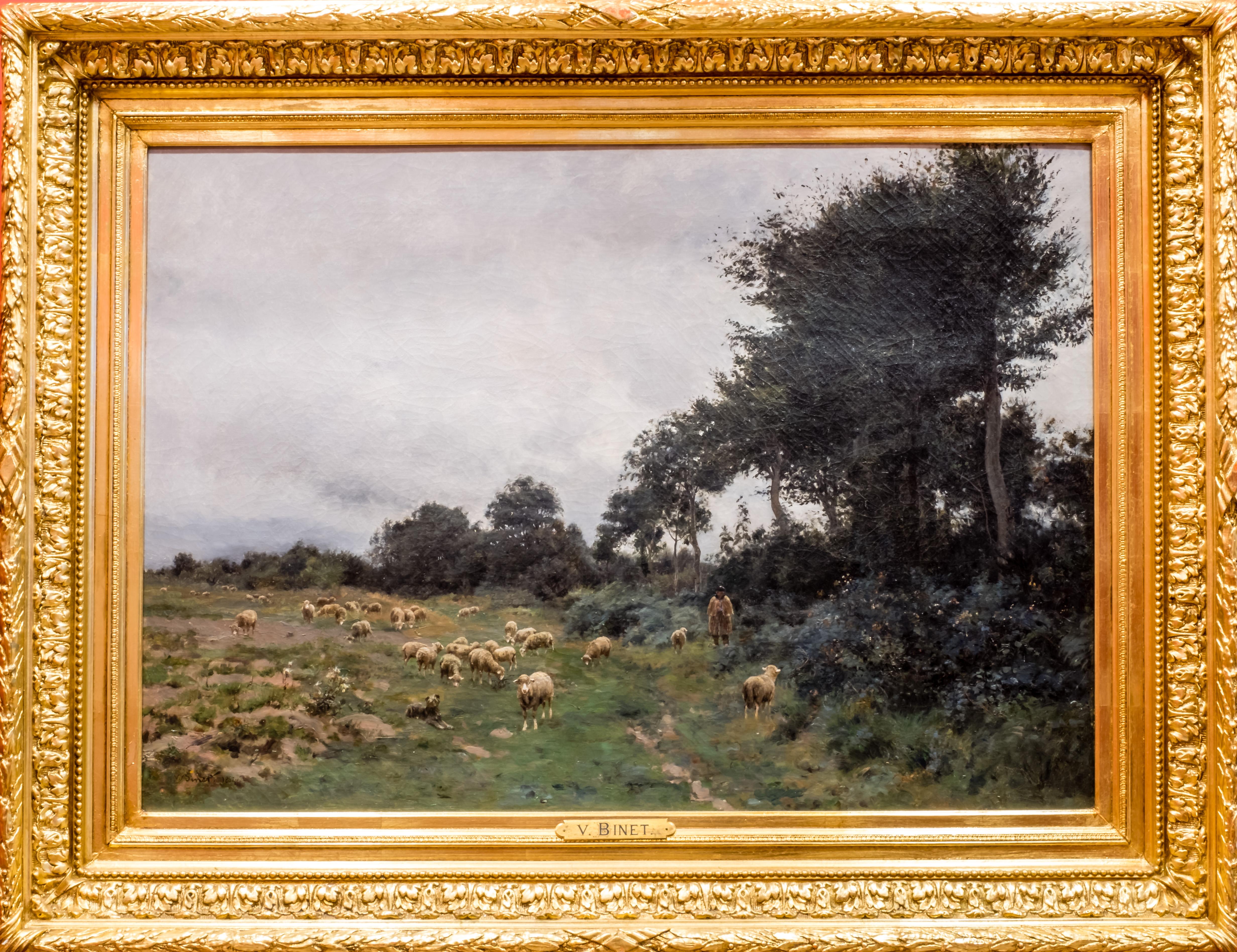 Victor J. Baptiste Barthélemy Binet , French, Sheep grazing, 1884 Oil on canvas - Painting by Victor Binet