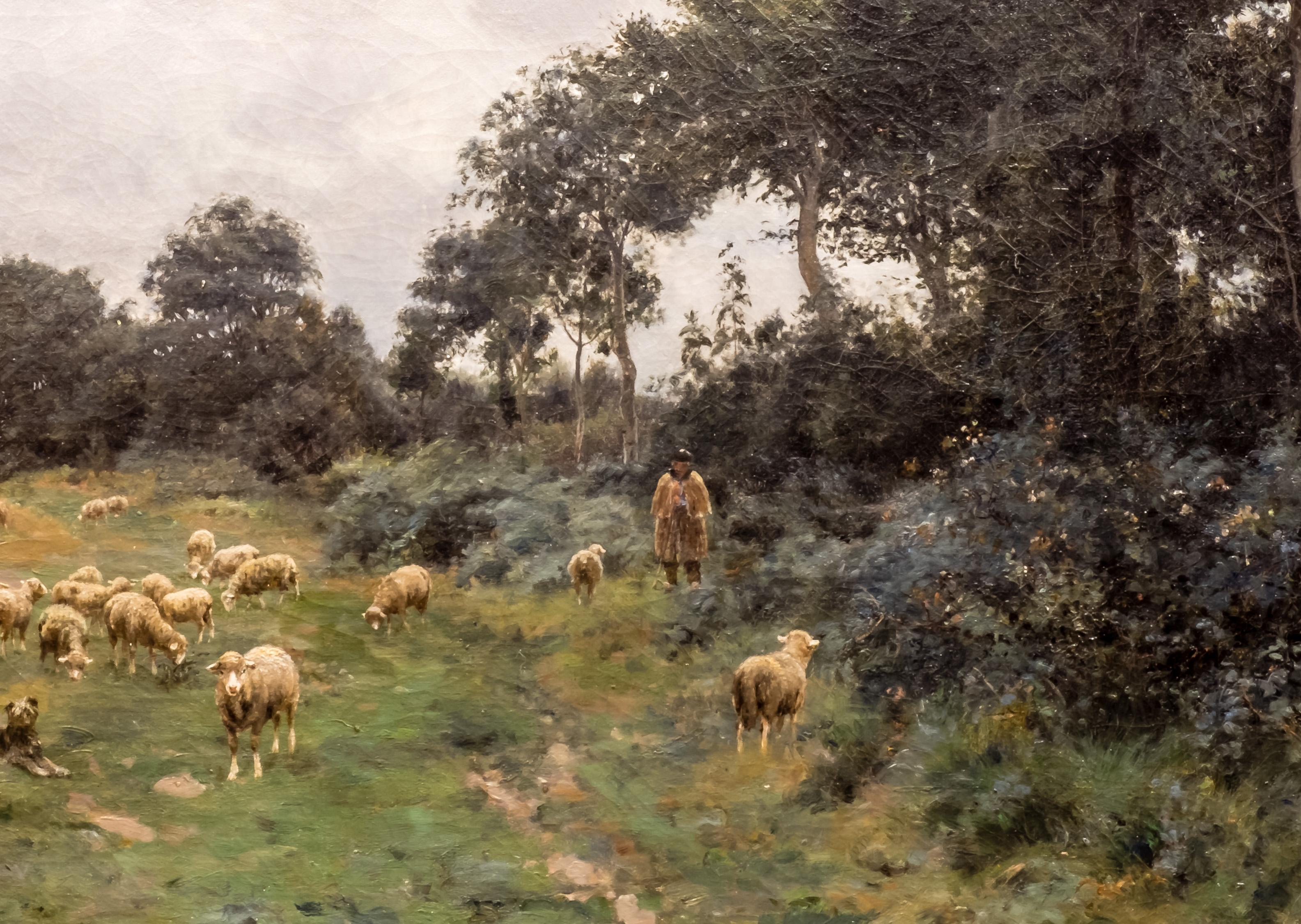 Victor J. Baptiste Barthélemy Binet , French, Sheep grazing, 1884 Oil on canvas - Brown Animal Painting by Victor Binet
