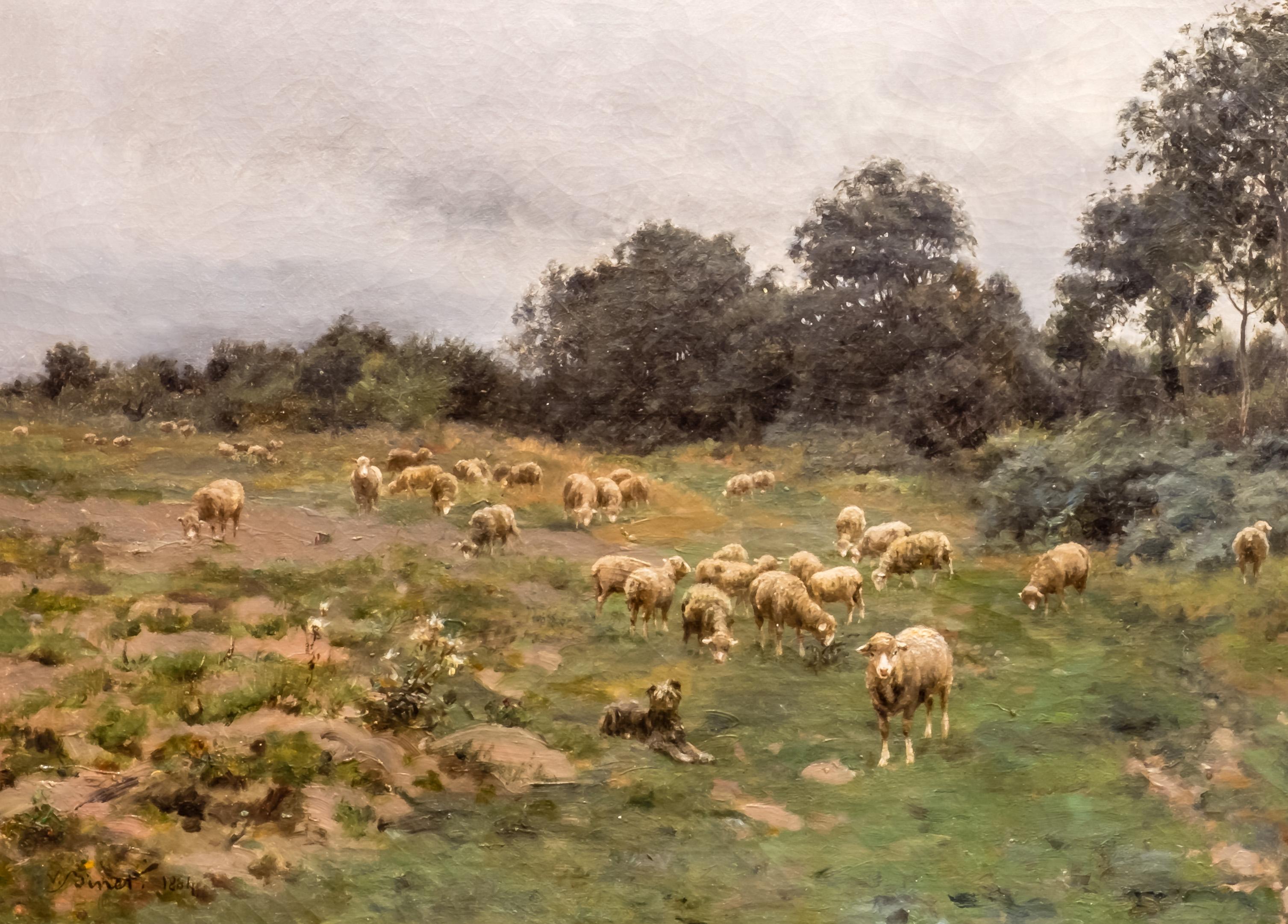 A late 19th century Barbizon School oil on canvas by Victor Jean Baptiste Barthélemy Binet (1849-1924), featuring a rural scene of sheep with a shepherd on a cloudy day.

He exhibited at the 1878 Paris Salon, at the Royal Acadmy in London in 1886