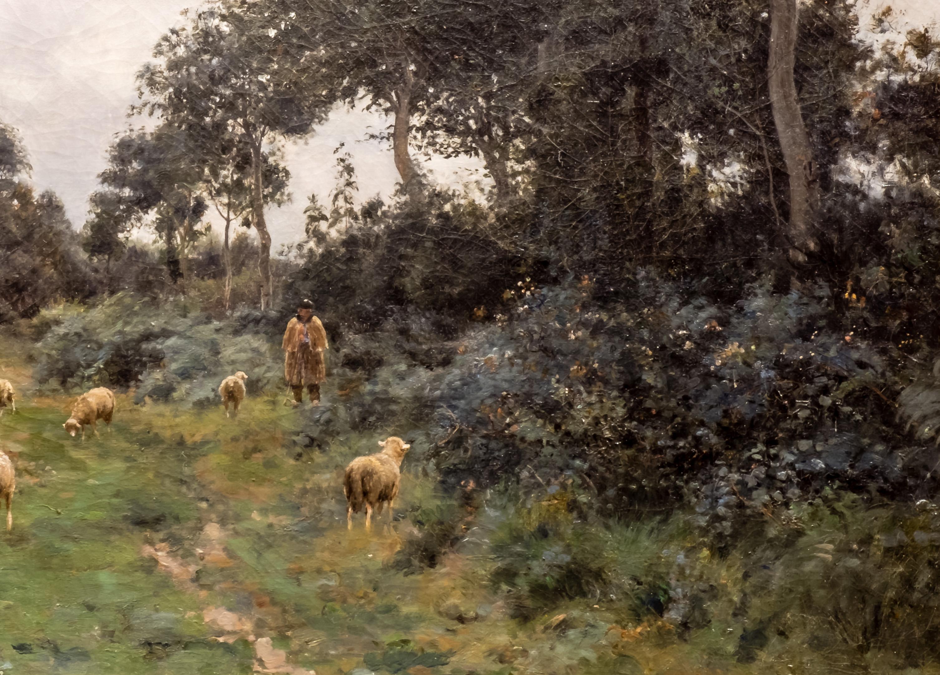 Victor J. Baptiste Barthélemy Binet , French, Sheep grazing, 1884 Oil on canvas - Beige Animal Painting by Victor Binet