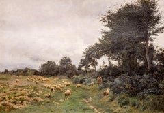 Antique Victor J. Baptiste Barthélemy Binet , French, Sheep grazing, 1884 Oil on canvas