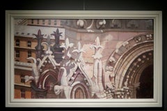 Grande dipinto ad olio architettonico originale del XX secolo raffigurante Notre Dame di Parigi