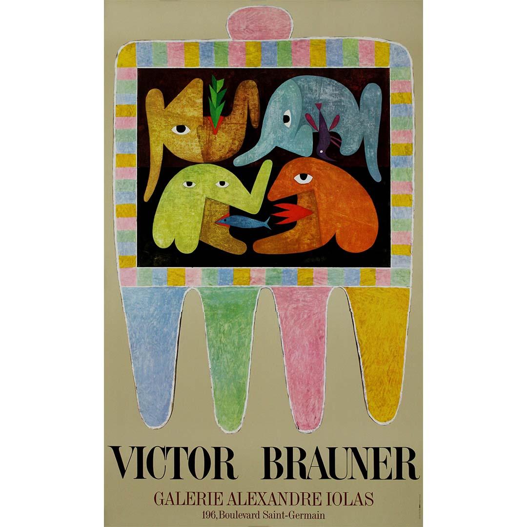 This striking 1974 original exhibition poster was created by the renowned Romanian-born surrealist Victor Brauner for a show at Galerie Alexandre Iolas, located on the famed Boulevard Saint-Germain in Paris. The gallery, under the visionary