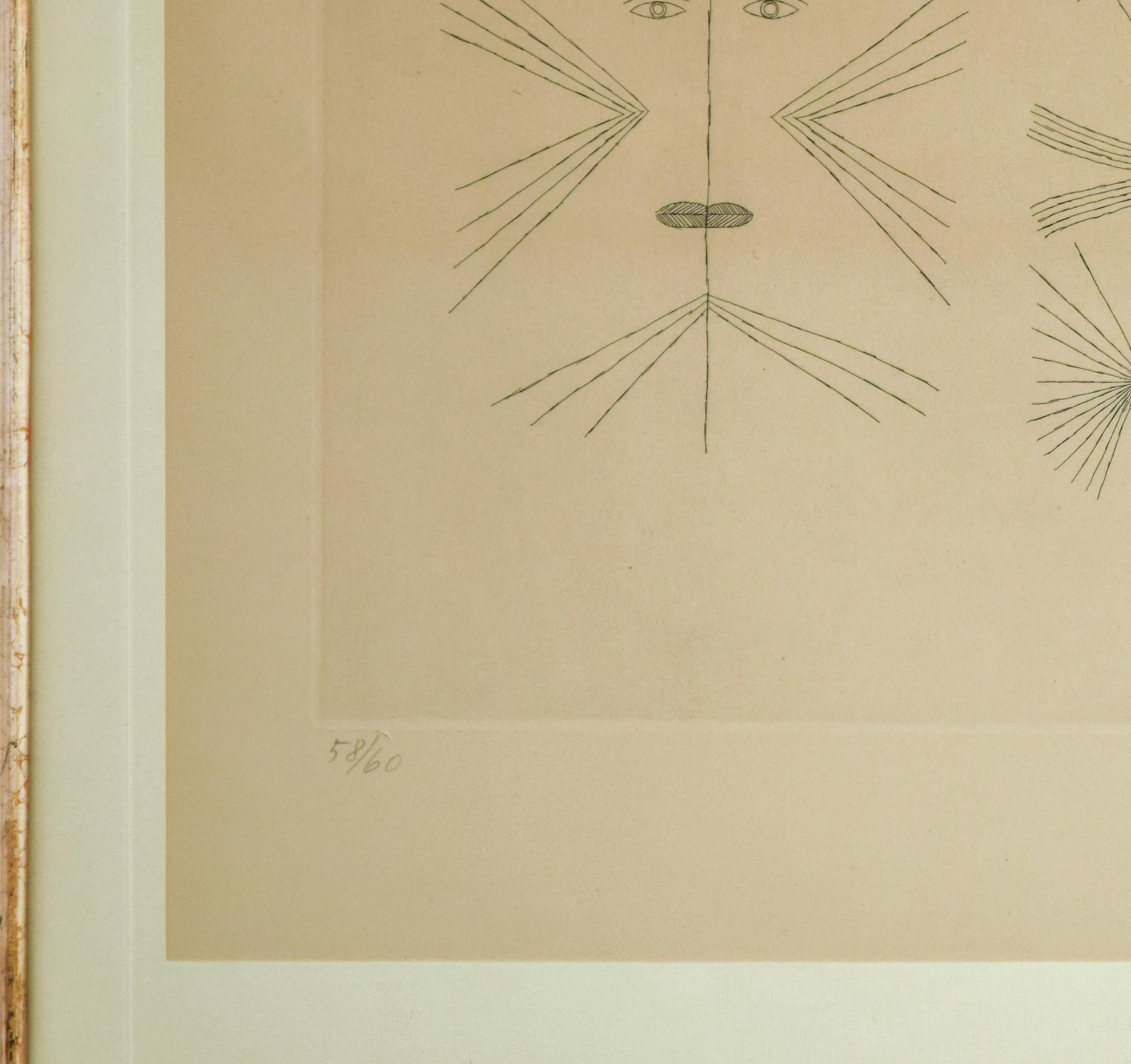 Codex d'un visage is a b/w original etching realized by Romanian Surrealist artist Victor Brauner (1903-1966) in 1962.

Signed, dated in pencil on lower margin. Numbered in Arabic numerals, from an edition of 60 prints. 

The total edition includes