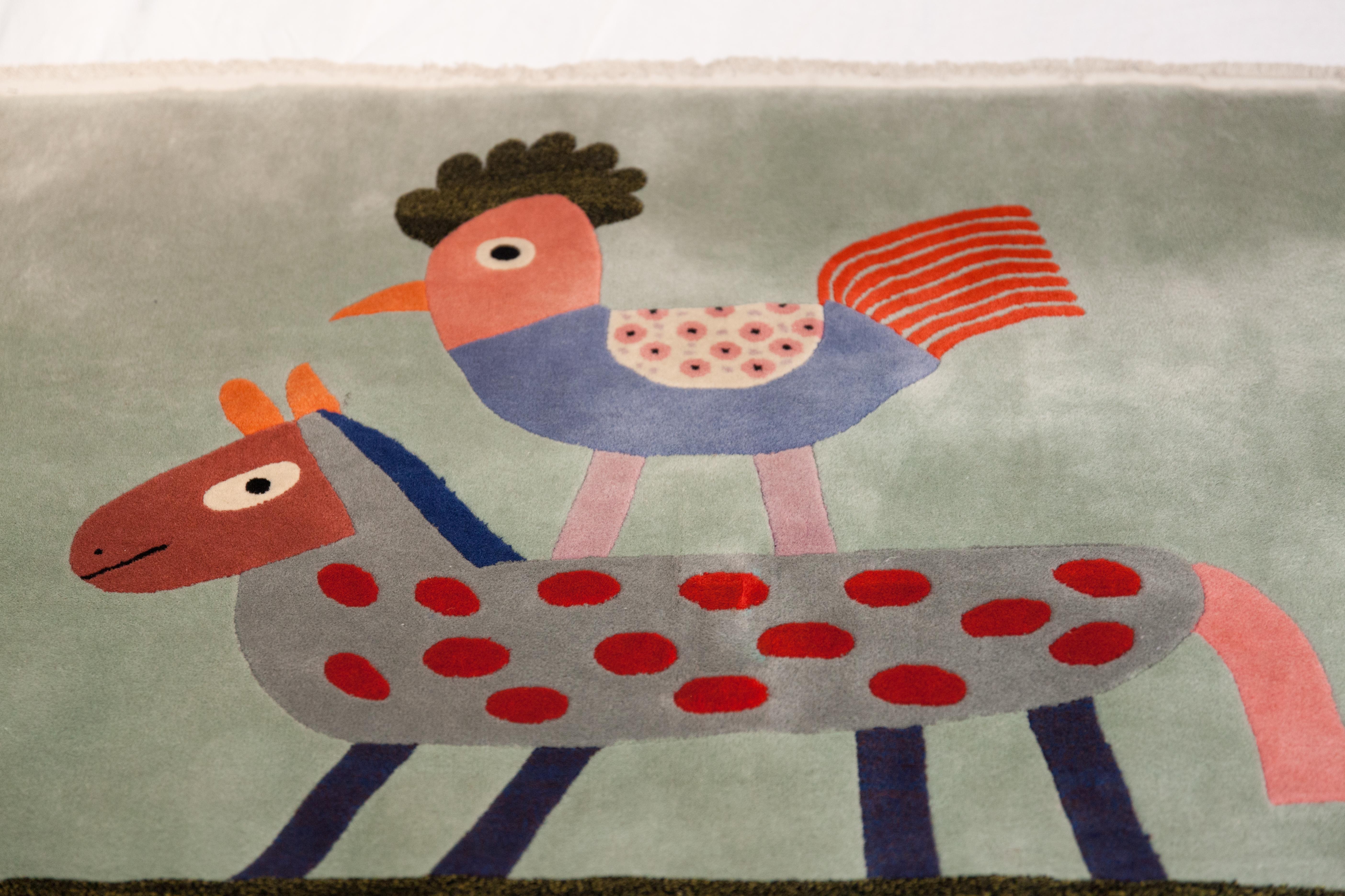 This striking wool rug, woven in the 1980s, presents a bold Surrealist composition by Victor Brauner (Romania, 1903 – France, 1966). 

Measuring 160 x 202 cm (63 x 79.5 in), the work functions both as a decorative textile and as a tribute to one of