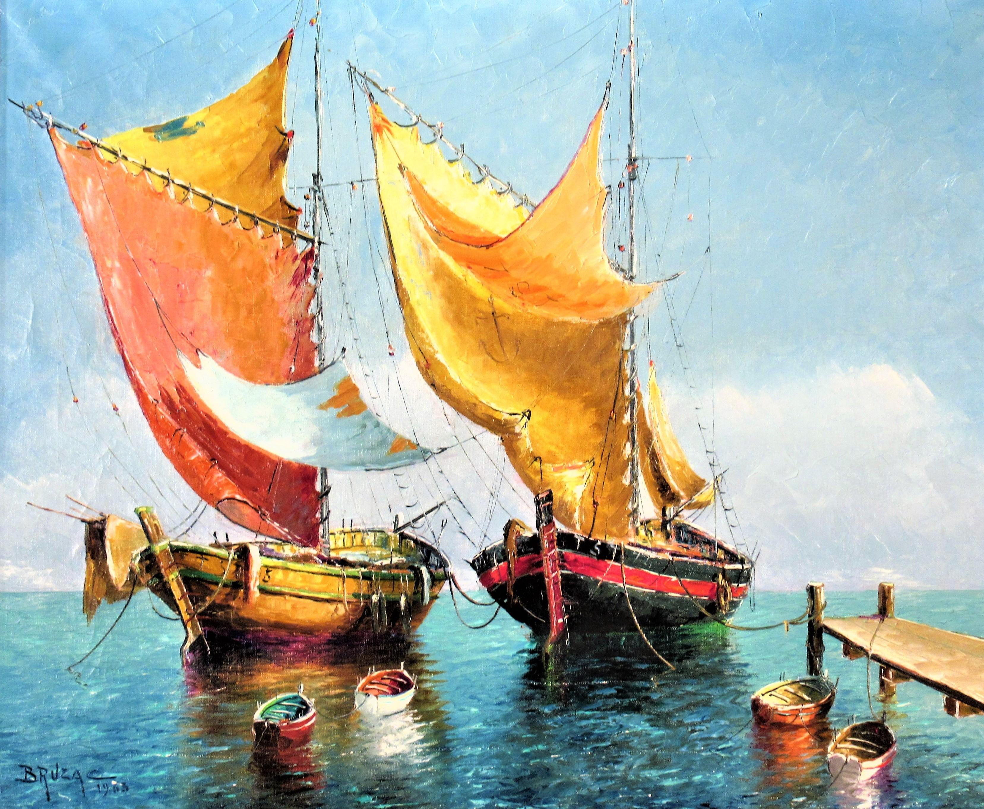 Bateaux de Peche a Antibes - Painting by Victor Bruzac