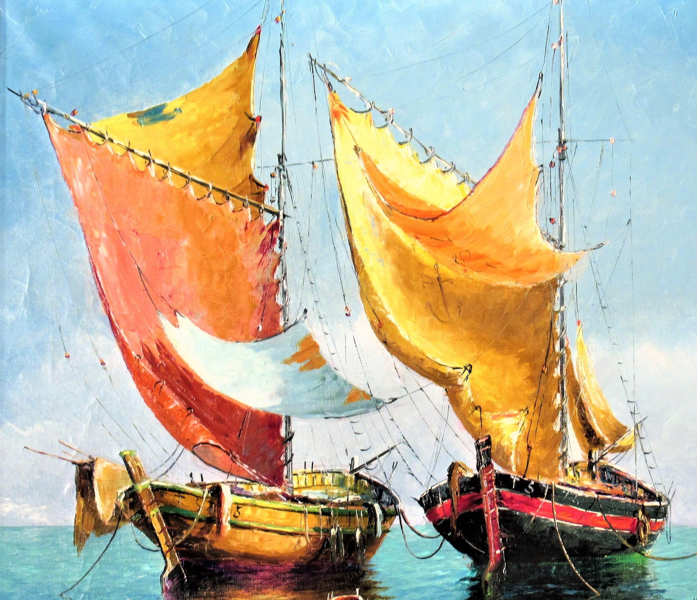 Bateaux de Peche à Antibes - Impressionnisme Painting par Victor Bruzac