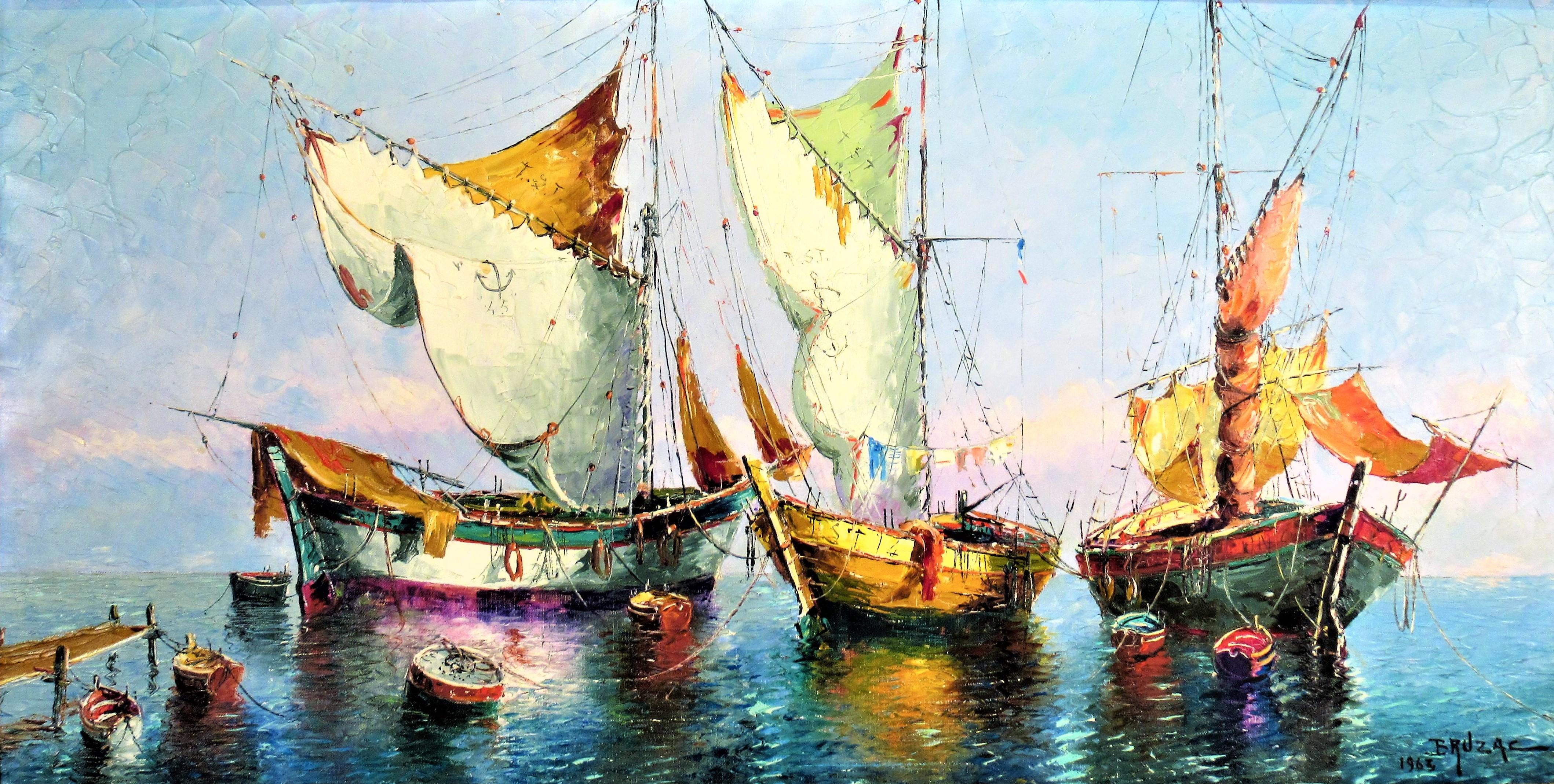 Bateaux de Peche à Antibes - Painting de Victor Bruzac