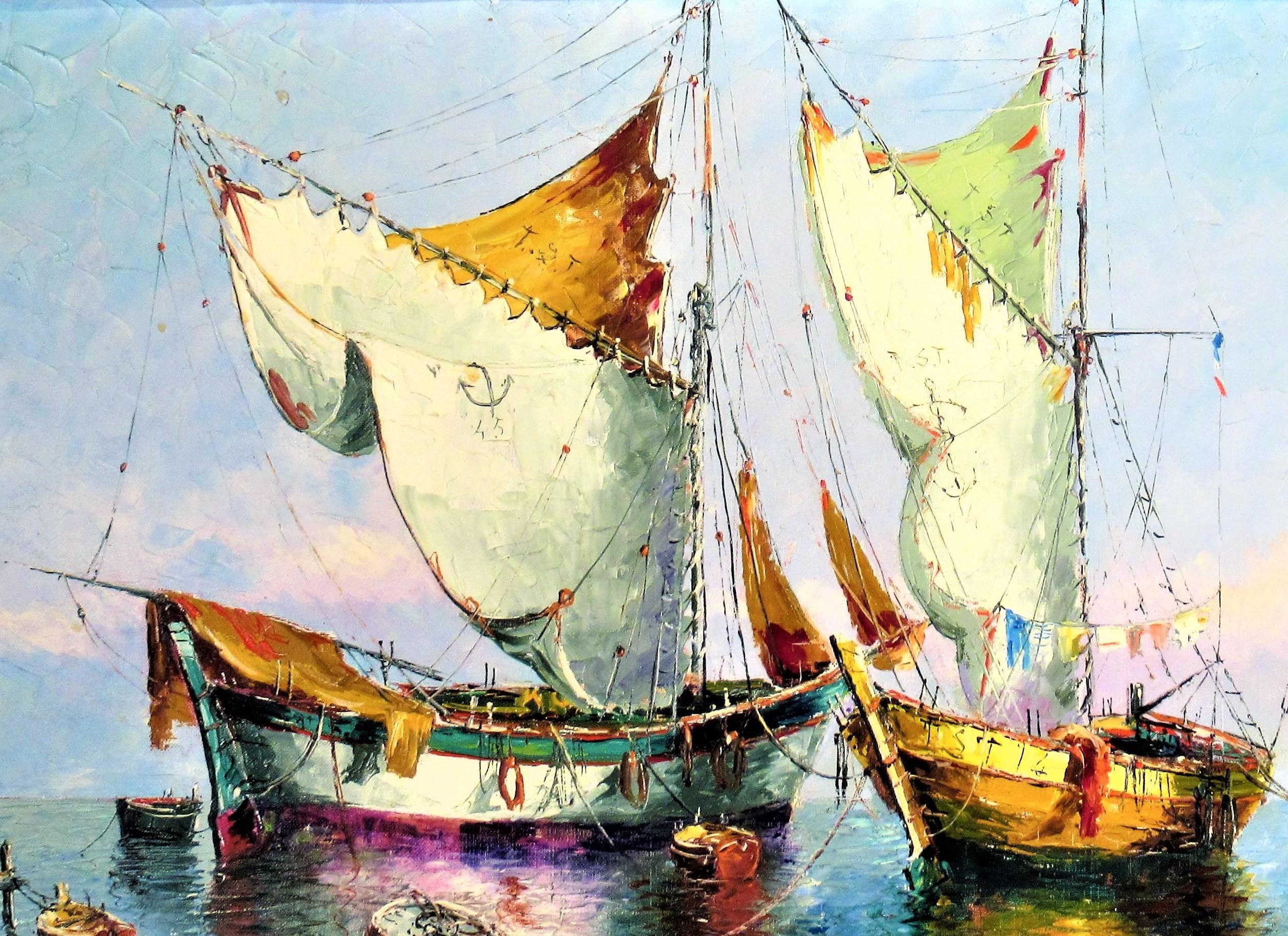 Bateaux de Peche à Antibes - Impressionnisme Painting par Victor Bruzac