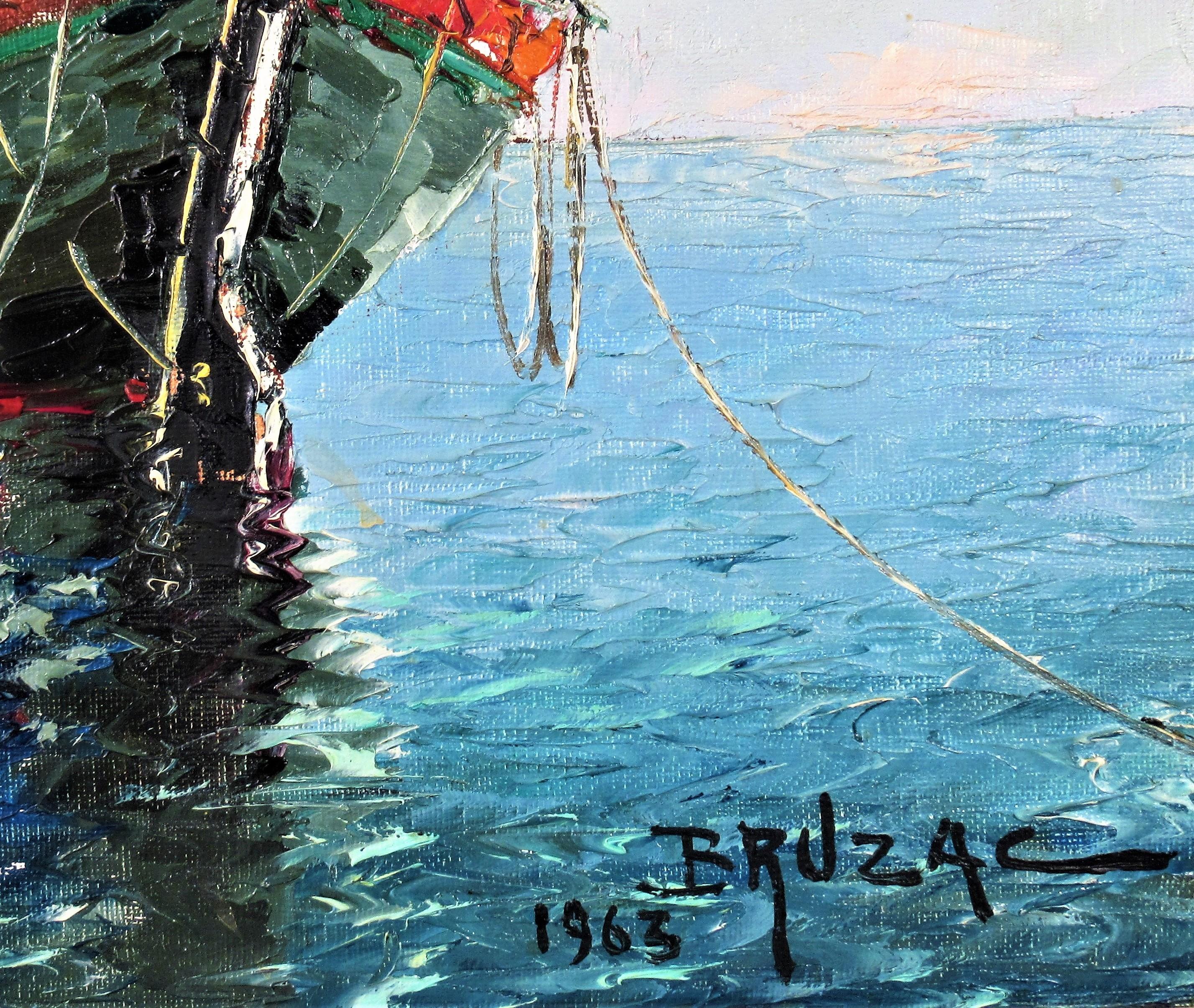 Bateaux de Peche a Antibes - Impressionist Painting by Victor Bruzac