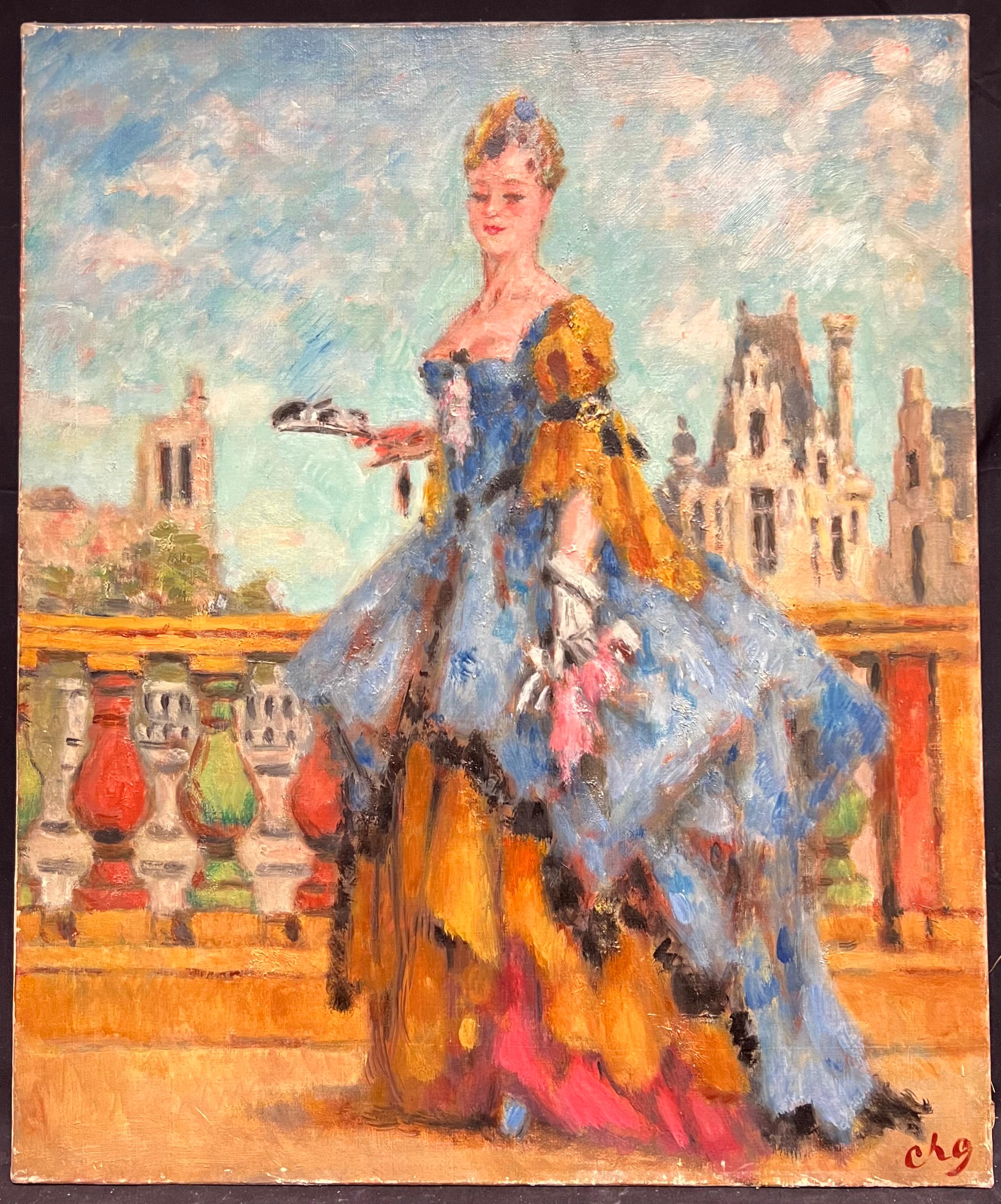 Élégant portrait de femme en tenue rococo du 19ème siècle - Painting de Victor Charles GUÉRIN (1815-1881)