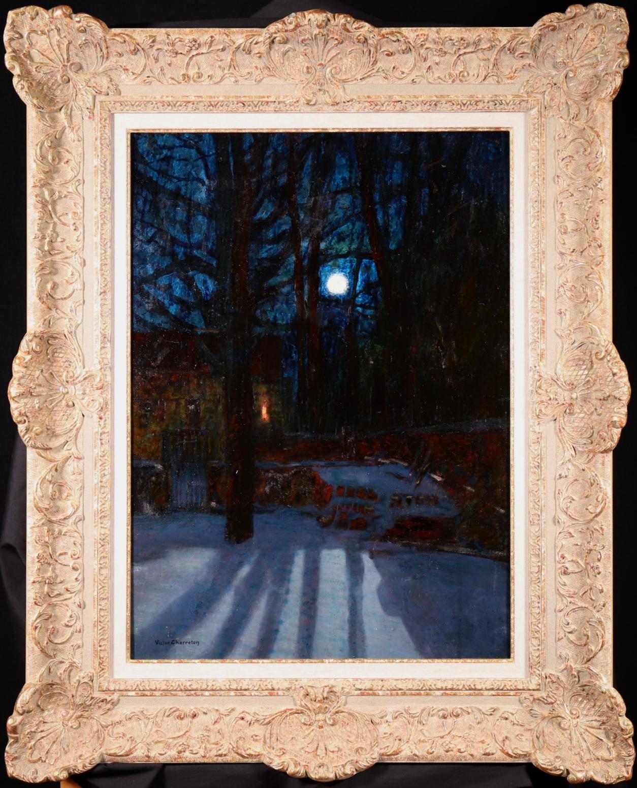 Stunning unterzeichnet Öl auf dem Brett circa 1920 von gesuchten Französisch post impressionistischen Maler Victor Charreton. Das Werk zeigt eine Hütte inmitten kahler Bäume, auf deren Boden dicker Schnee liegt. Der Mond scheint hell in den klaren