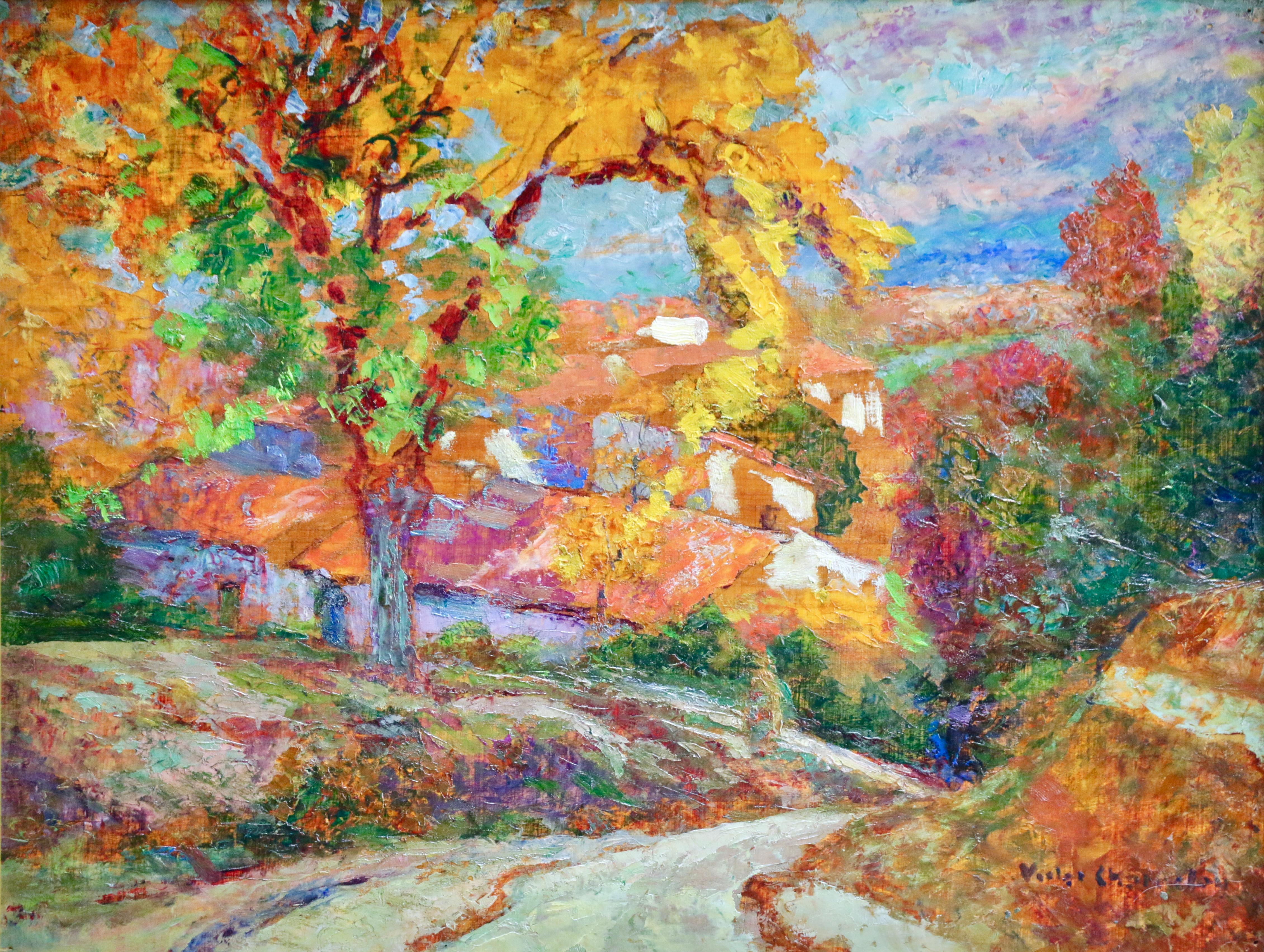 Automne A Enval - Huile du 19e siècle, Arbres et maisons Paysage d'automne par Charreton - Painting de Victor Charreton