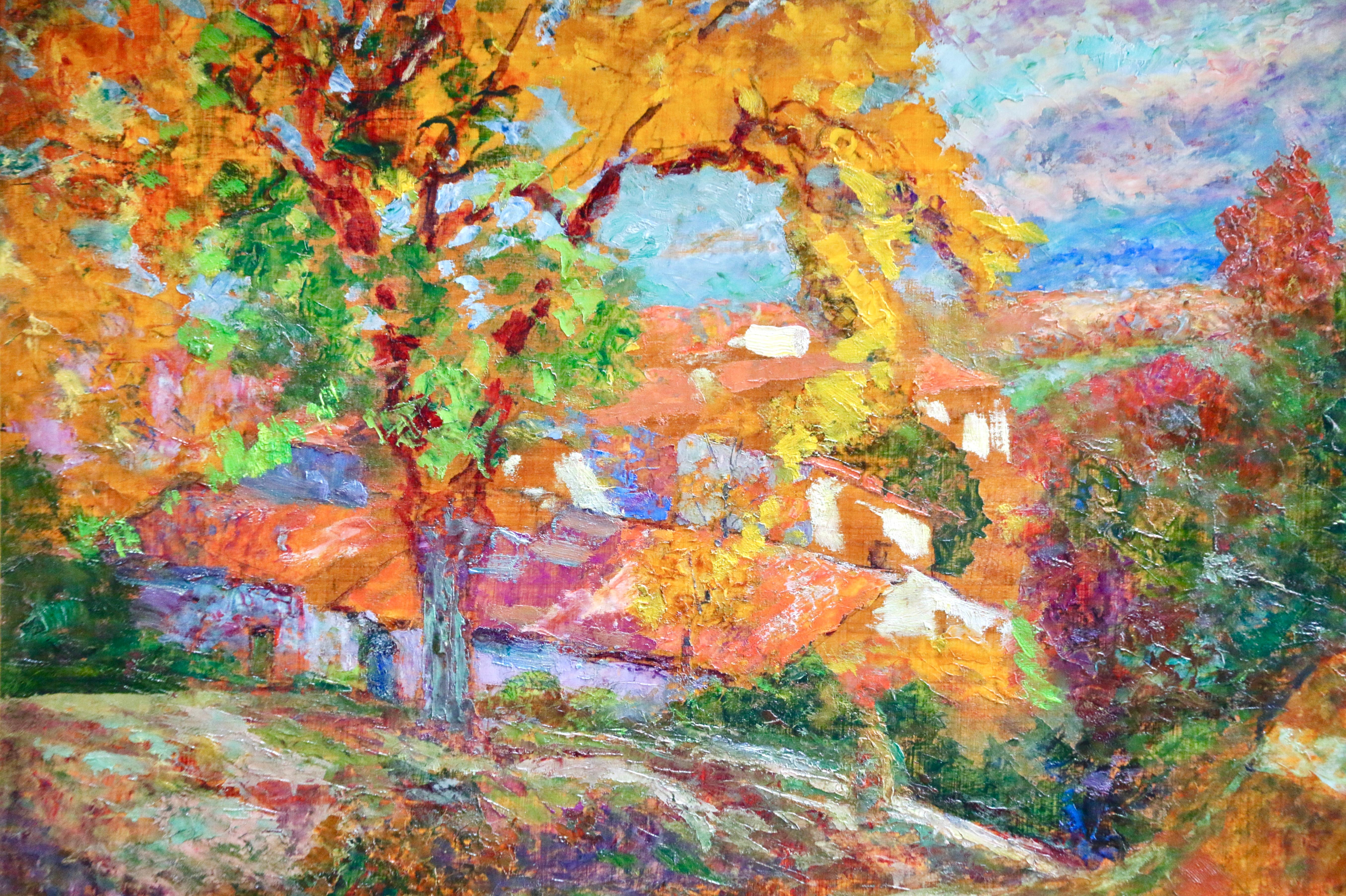 Automne A Enval - Huile du 19e siècle, Arbres et maisons Paysage d'automne par Charreton - Impressionnisme Painting par Victor Charreton