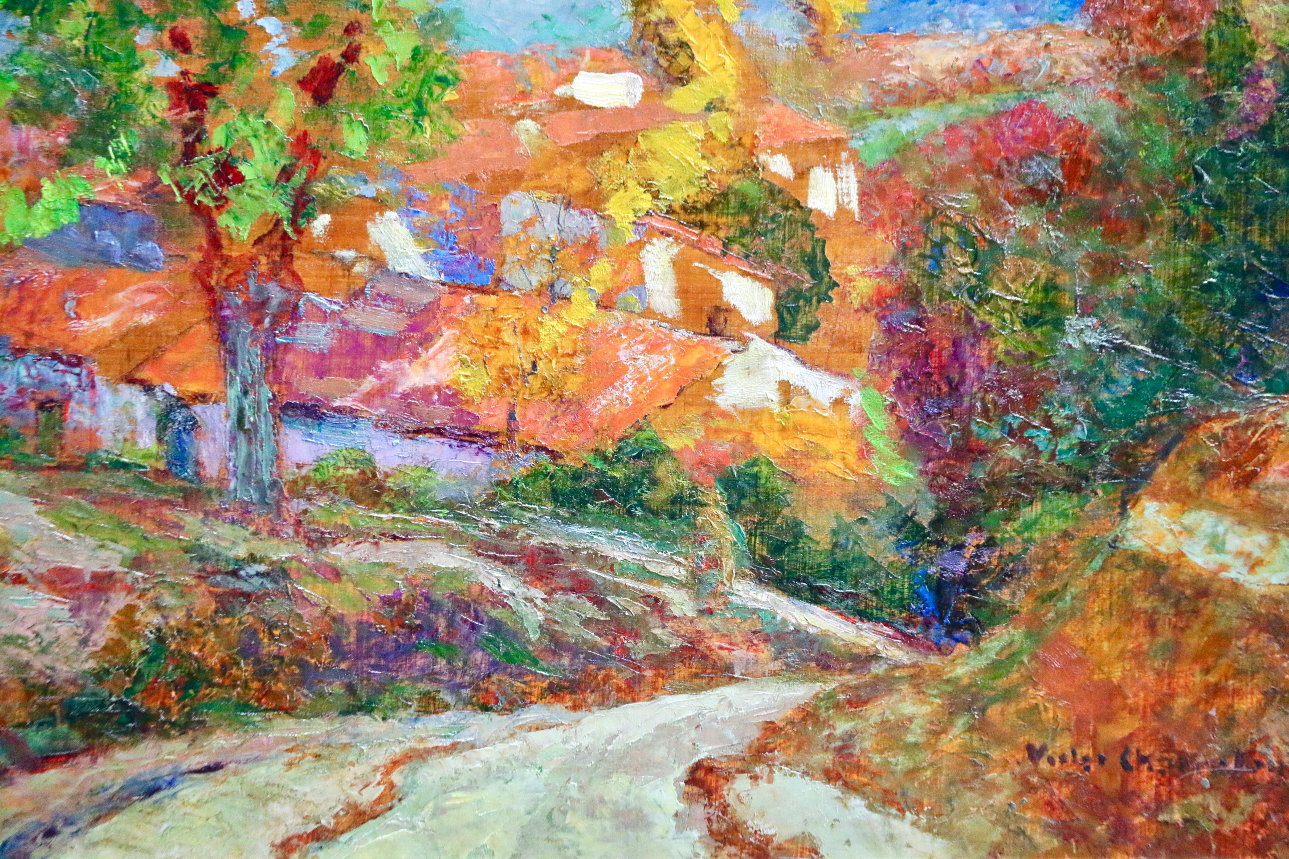 Automne A Enval - Huile du 19e siècle, Arbres et maisons Paysage d'automne par Charreton - Marron Landscape Painting par Victor Charreton
