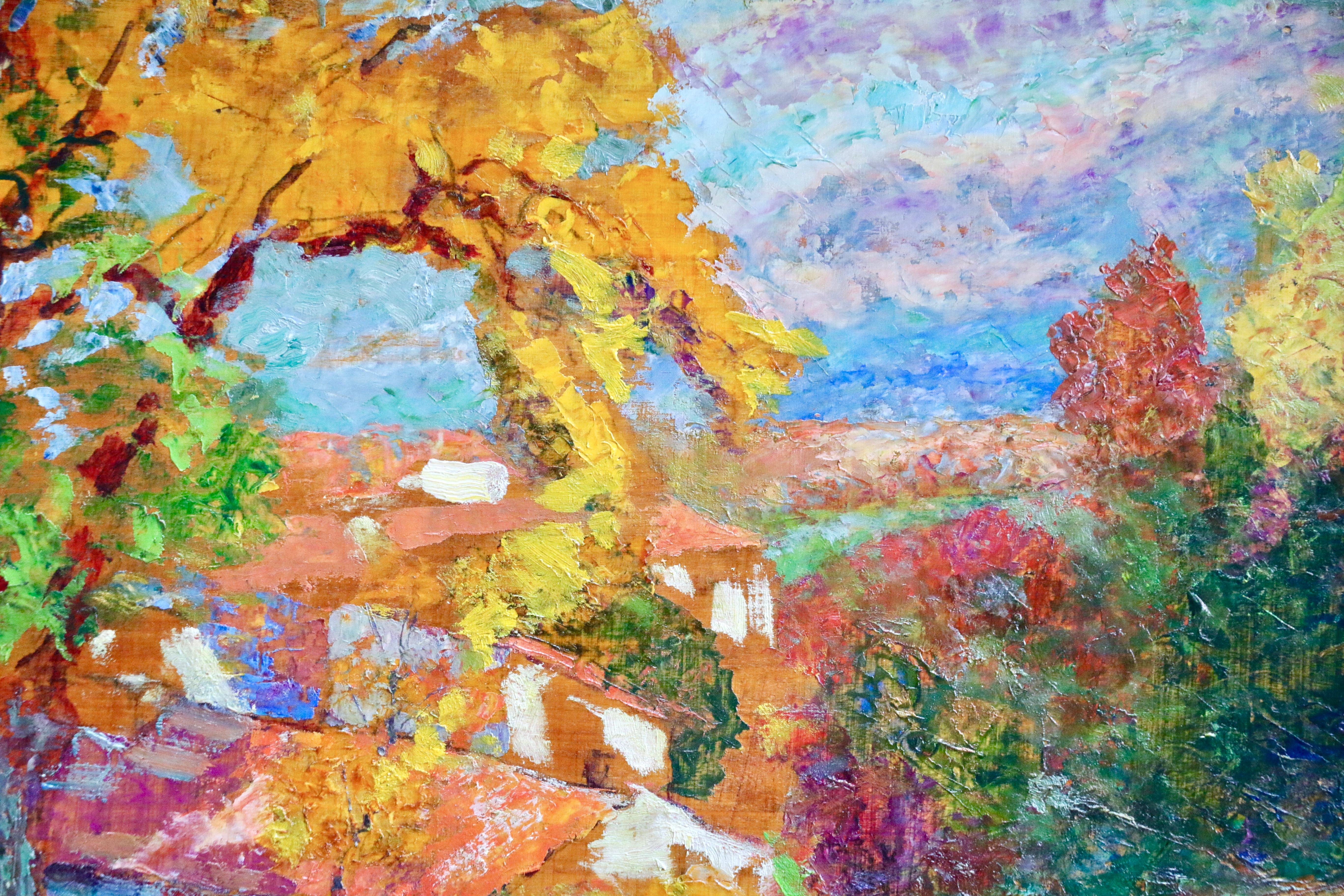 Une peinture exquise montrant ce paysage dans ses couleurs d'automne. Huile sur papier posé sur panneau.  Signé en bas à droite et titré au verso. Les dimensions du cadre sont de 20,5 pouces de haut par 25 pouces de large. 

Charreton était un
