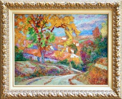 Automne A Enval - Huile du 19e siècle, Arbres et maisons Paysage d'automne par Charreton