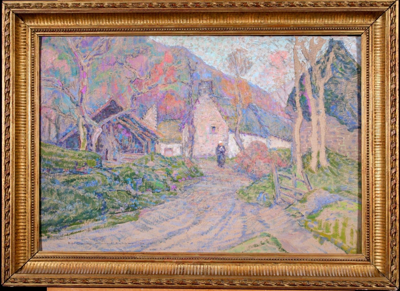A stunning and wonderfully coloured oil on board by French impressionist painter Victor Charreton a figure on a path beside cottages in autumn time. The artist is renowned for painting the different seasons and his use of colour to portray them and