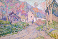 Antique Autumn in the Village - Impressionist Oil, Figure in Landscape, Victor Charreton