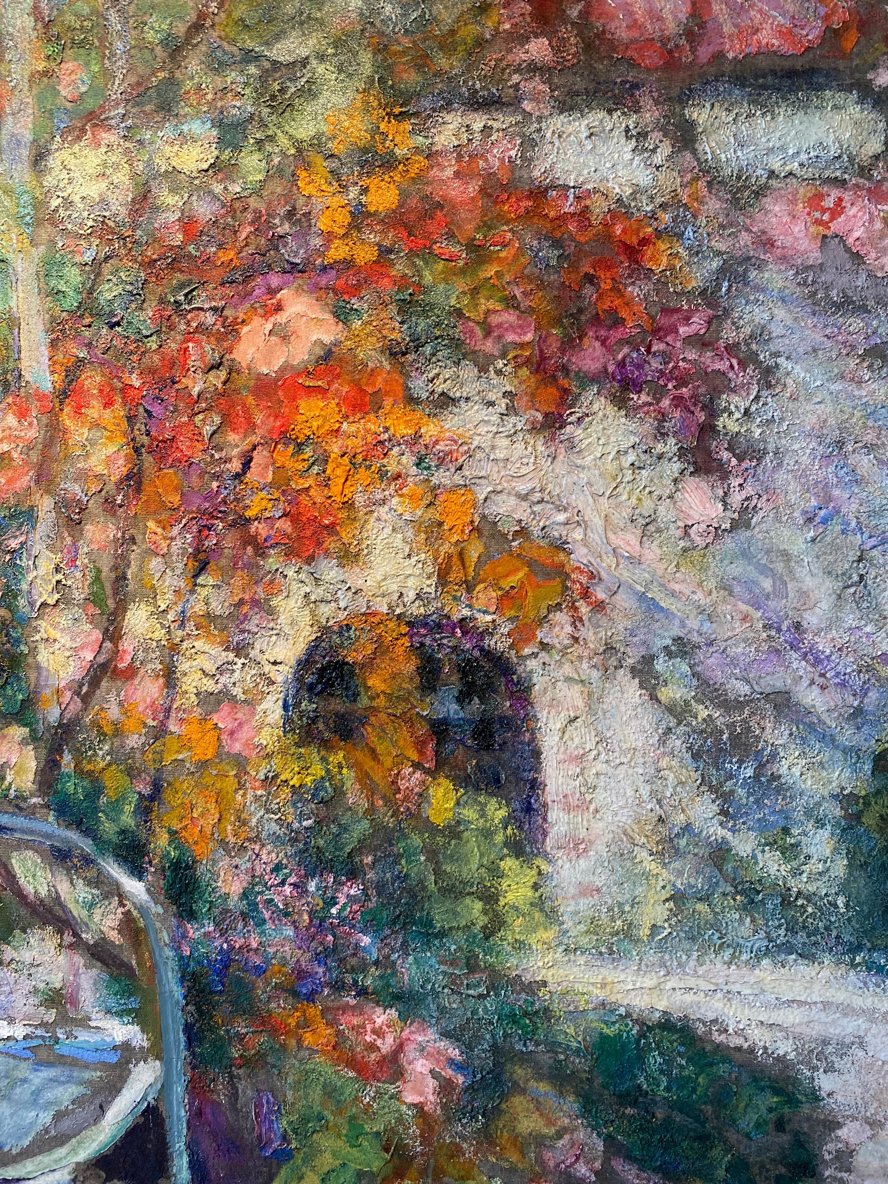 „Chaise dans un Jardin Fleuri“ 20. Jahrhundert, farbenfroher Garten, Blumenlandschaft (Impressionismus), Painting, von Victor Charreton