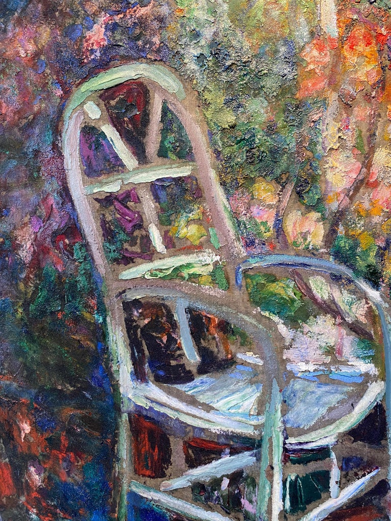 'Chaise dans un Jardin Fleuri' 20th Century Colourful Garden, flower landscape - Gray Landscape Painting by Victor Charreton