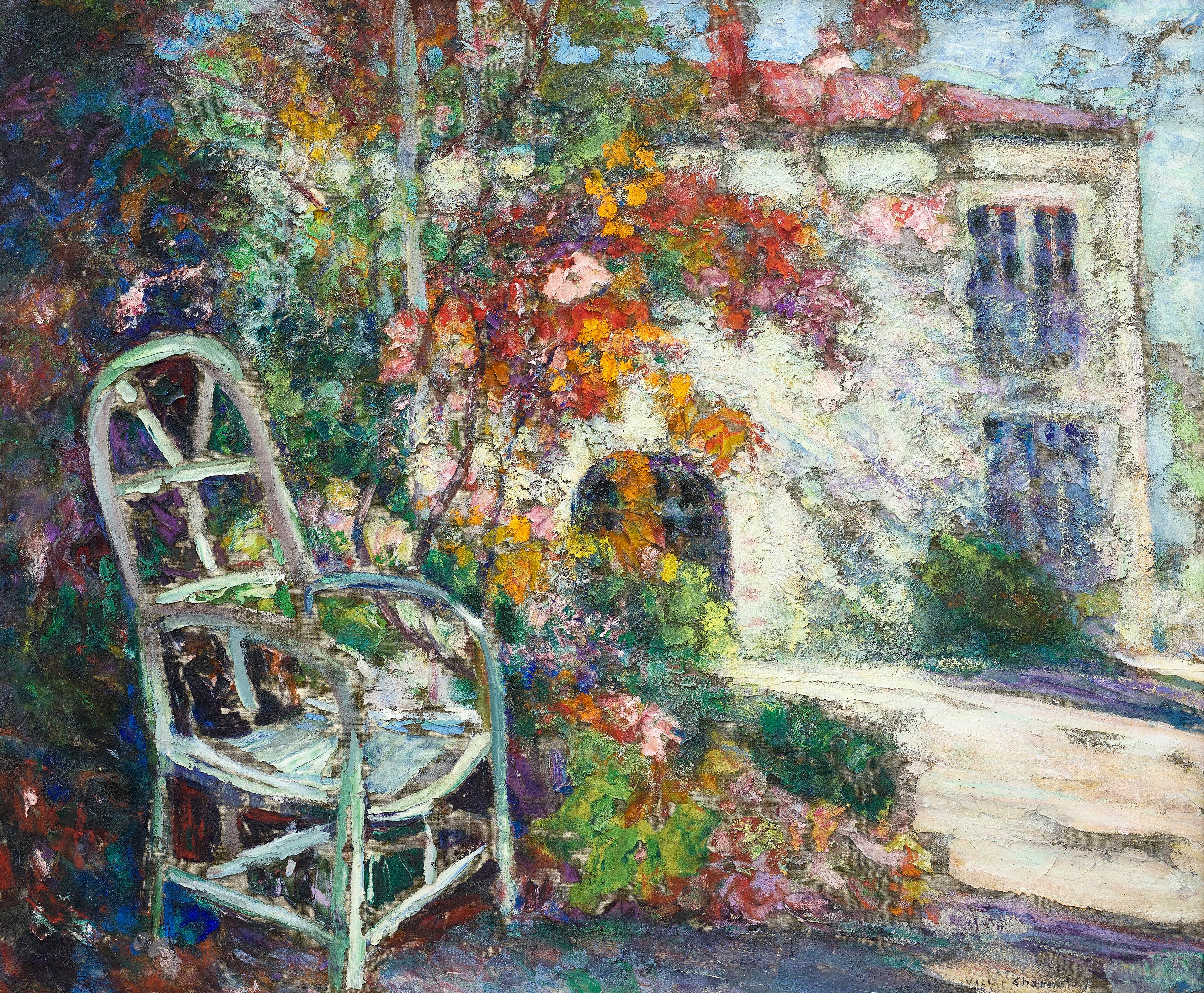 Victor Charreton Landscape Painting – „Chaise dans un Jardin Fleuri“ 20. Jahrhundert, farbenfroher Garten, Blumenlandschaft