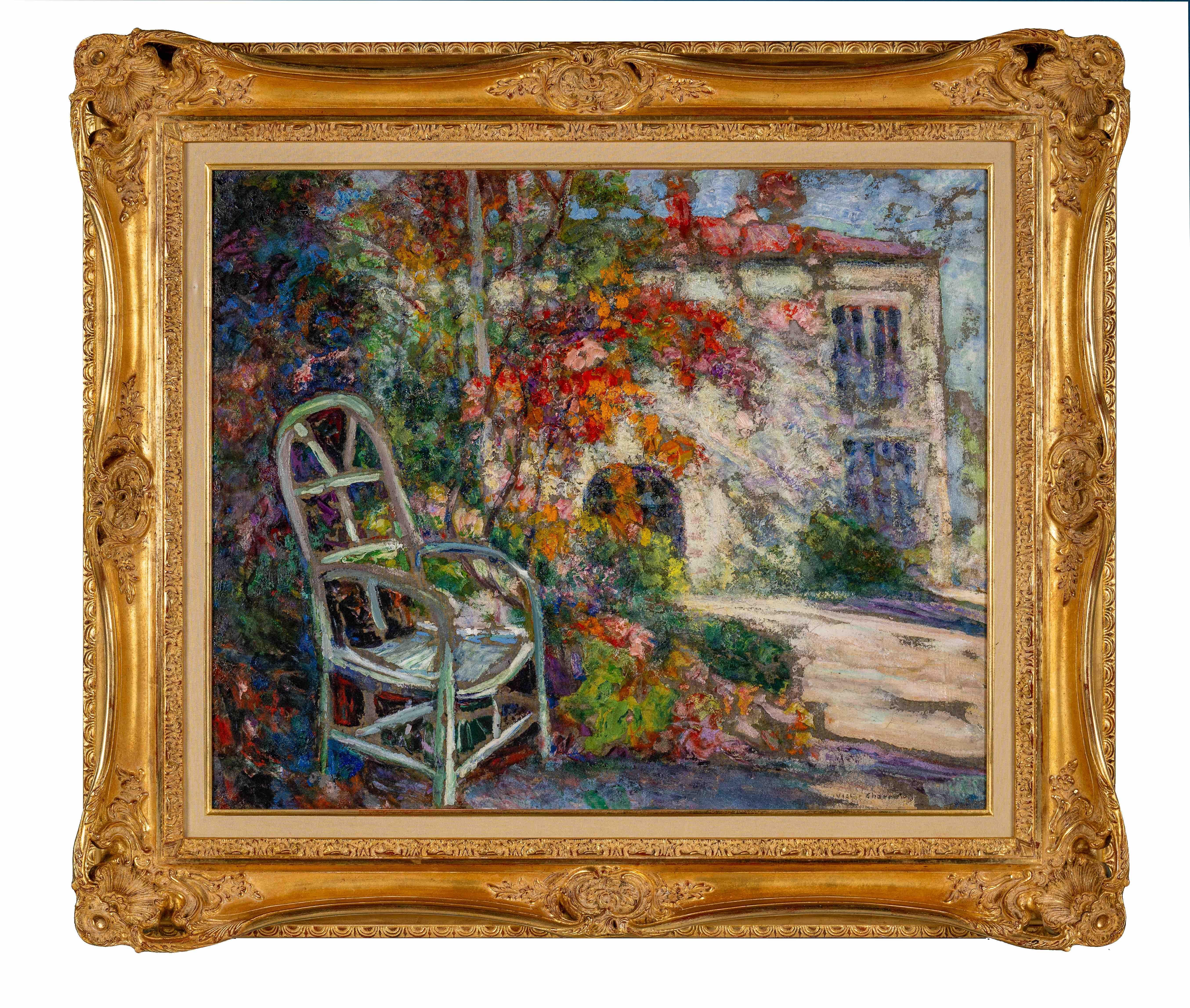 Landscape Painting di Victor Charreton - Chaise dans un Jardin Fleuri' Giardino colorato del XX secolo, paesaggio floreale