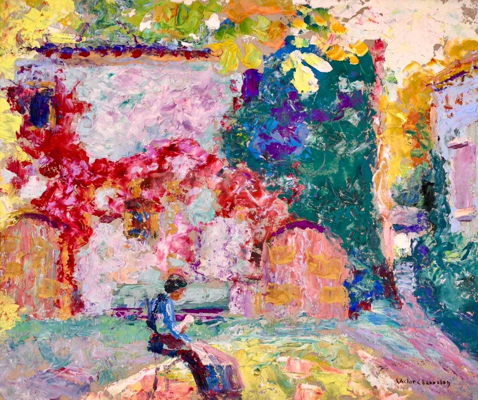 A wonderful oil on board circa 1920 by sought after French post impressionist painter Victor Charreton, who was known as the painter of colours. The piece depicts a woman in a blue dress sewing as she sits in a courtyard. The surrounding buildings