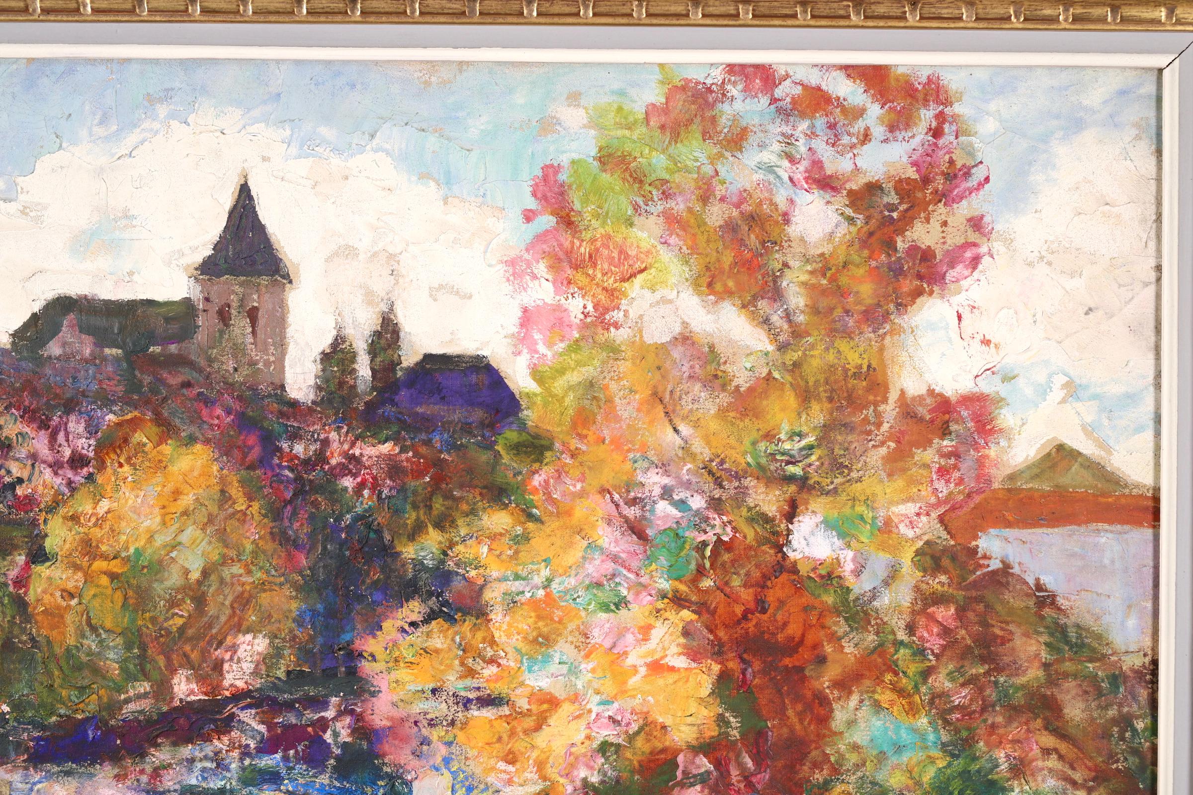 Stunning signed landscape oil on canvas circa 1910 by sought after French post impressionist painter Victor Charreton. A wonderful and colourful depiction of a green church garden law surrounded by plants in a kaleidoscope of colours - pinks,