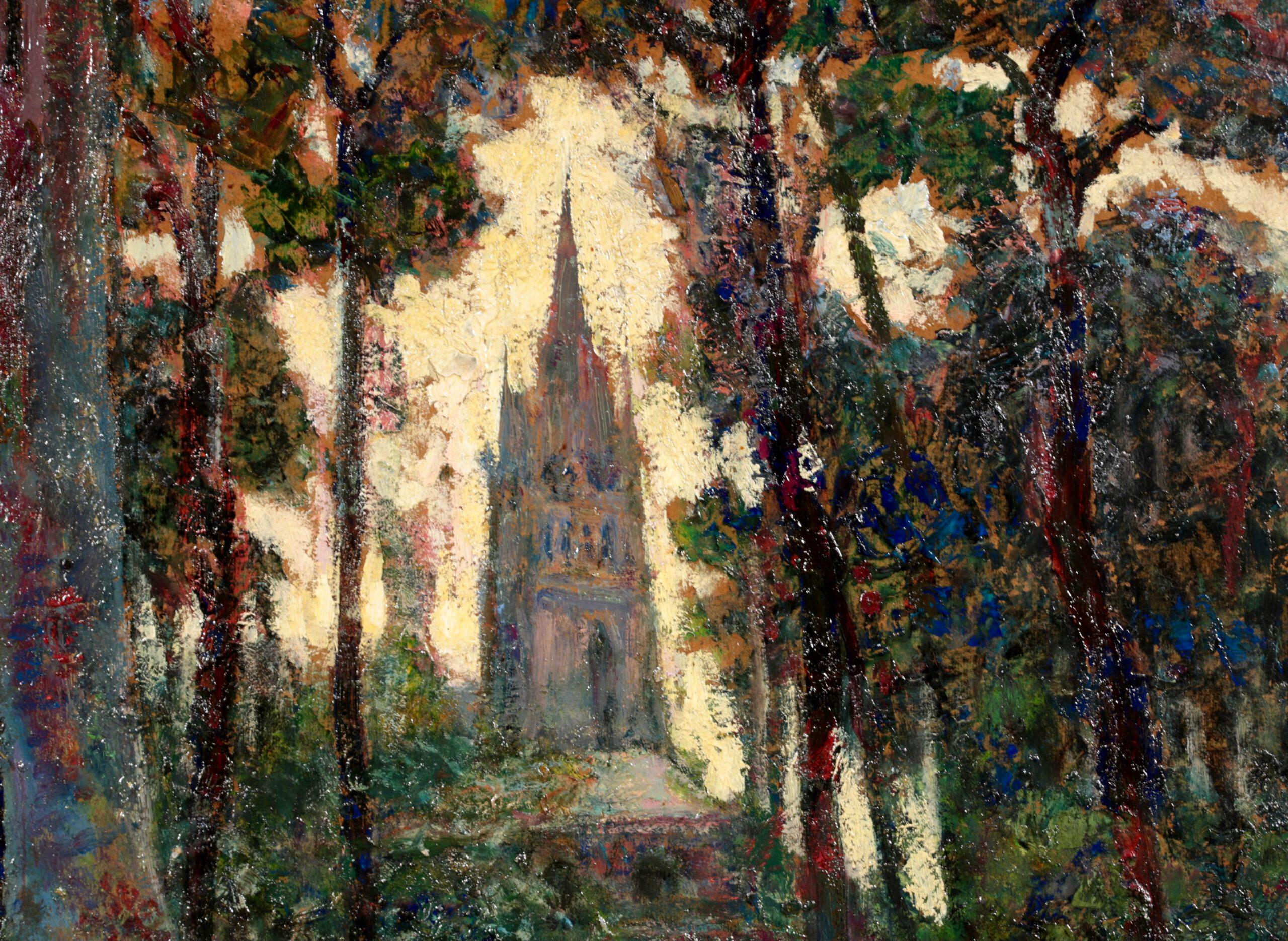 Figure devant une église - paysage post-impressionniste, huile de Victor Charreton en vente 7