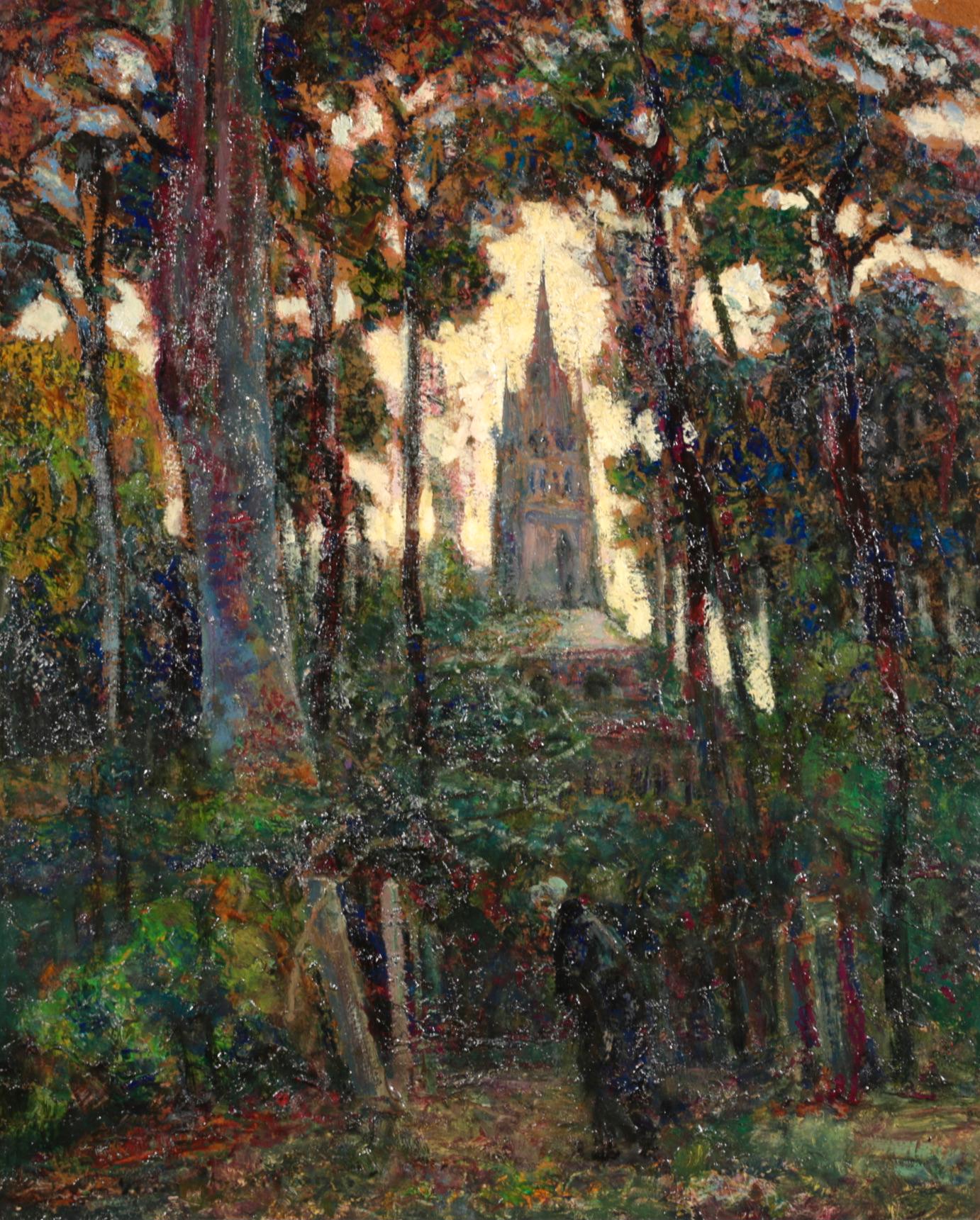 Signed figure in landscape oil on board circa 1920 by sought after French Post-Impressionist painter Victor Charreton. The piece depicts a lone figure walking through a wooded area in autumn time. The spire of a church can be seen through a gap in