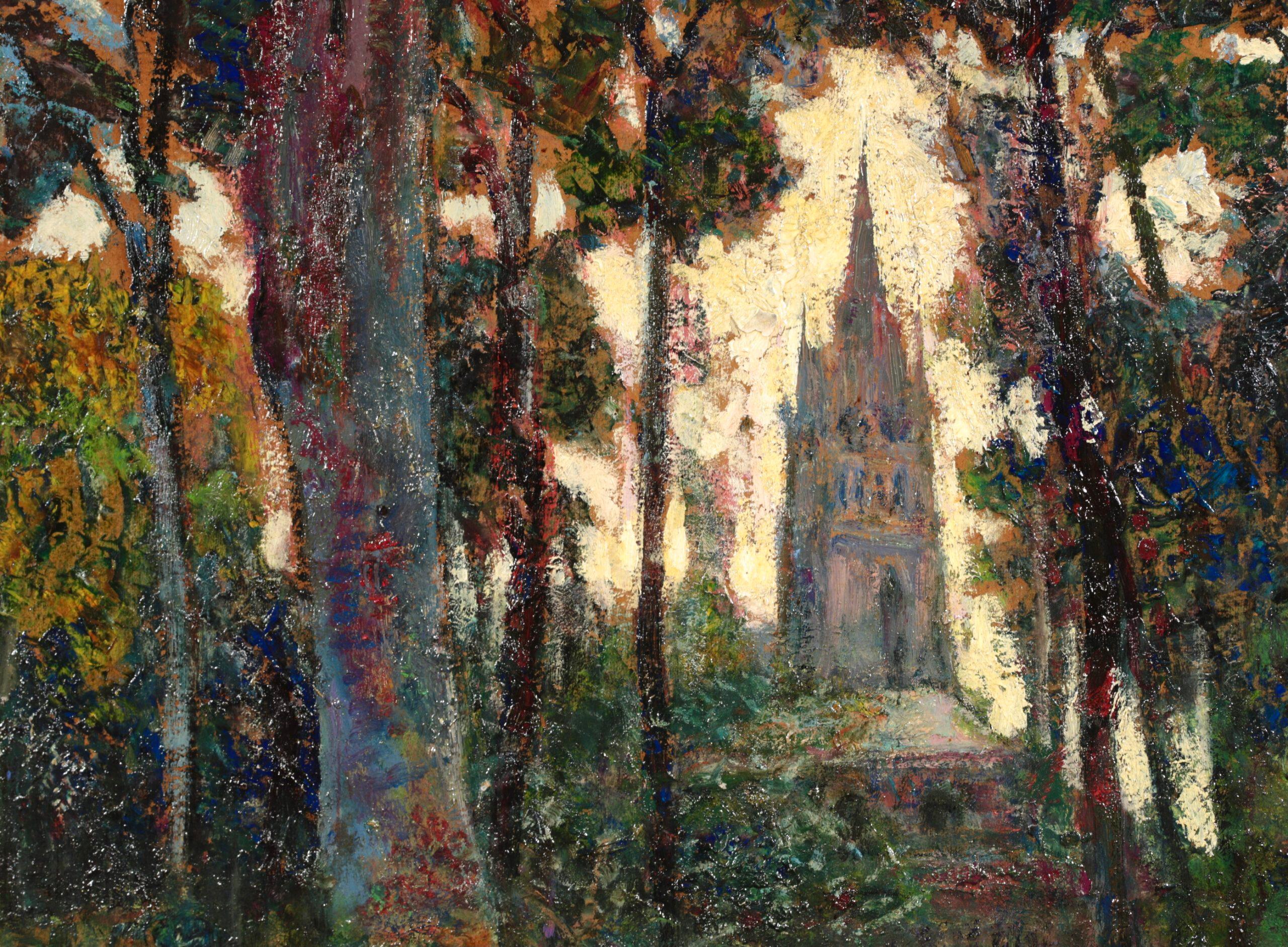 Figure devant une église - paysage post-impressionniste, huile de Victor Charreton en vente 4