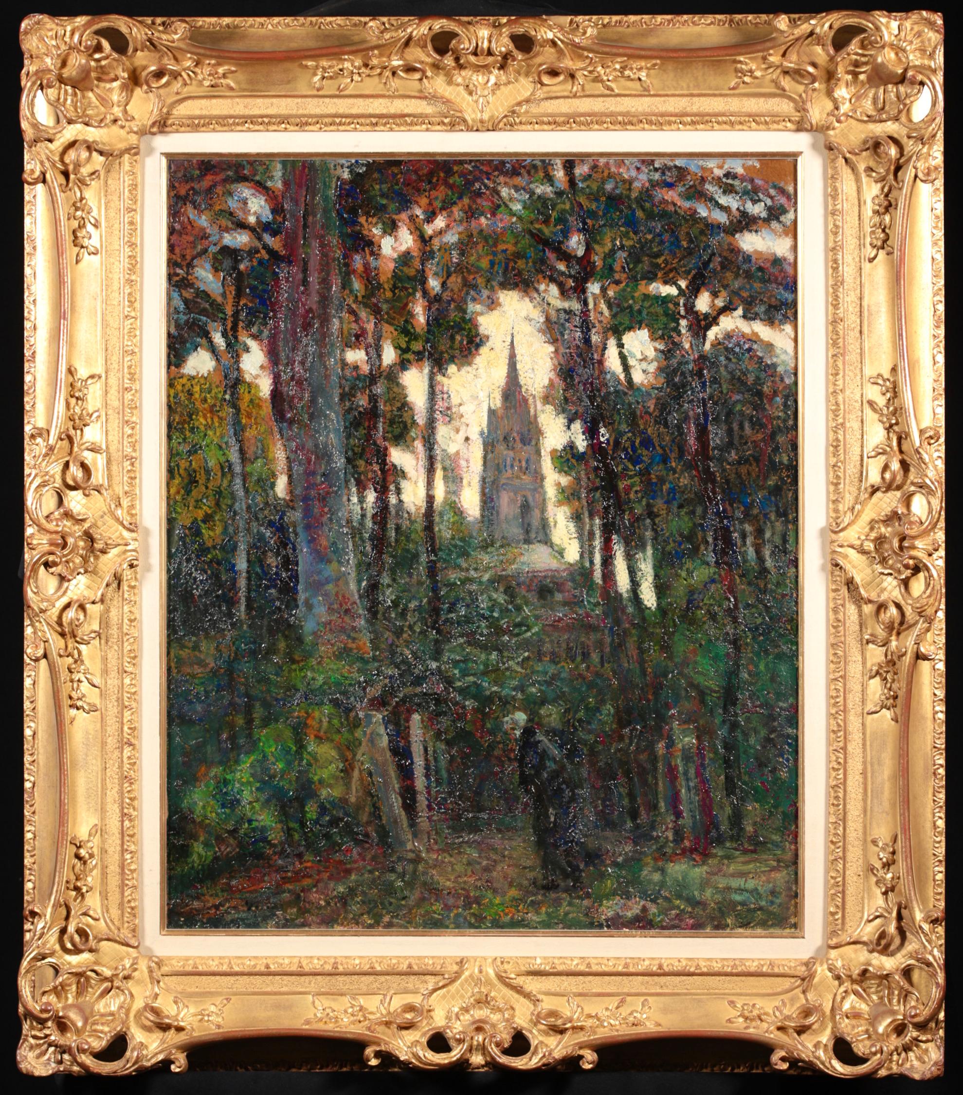 Figur vor einer Kirche – postimpressionistische Landschaft, Ölgemälde von Victor Charreton