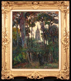 Figure devant une église - paysage post-impressionniste, huile de Victor Charreton