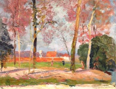 Figures in the Woods - 19th Century Oil, Trees & Houses Landscape by V Charreton