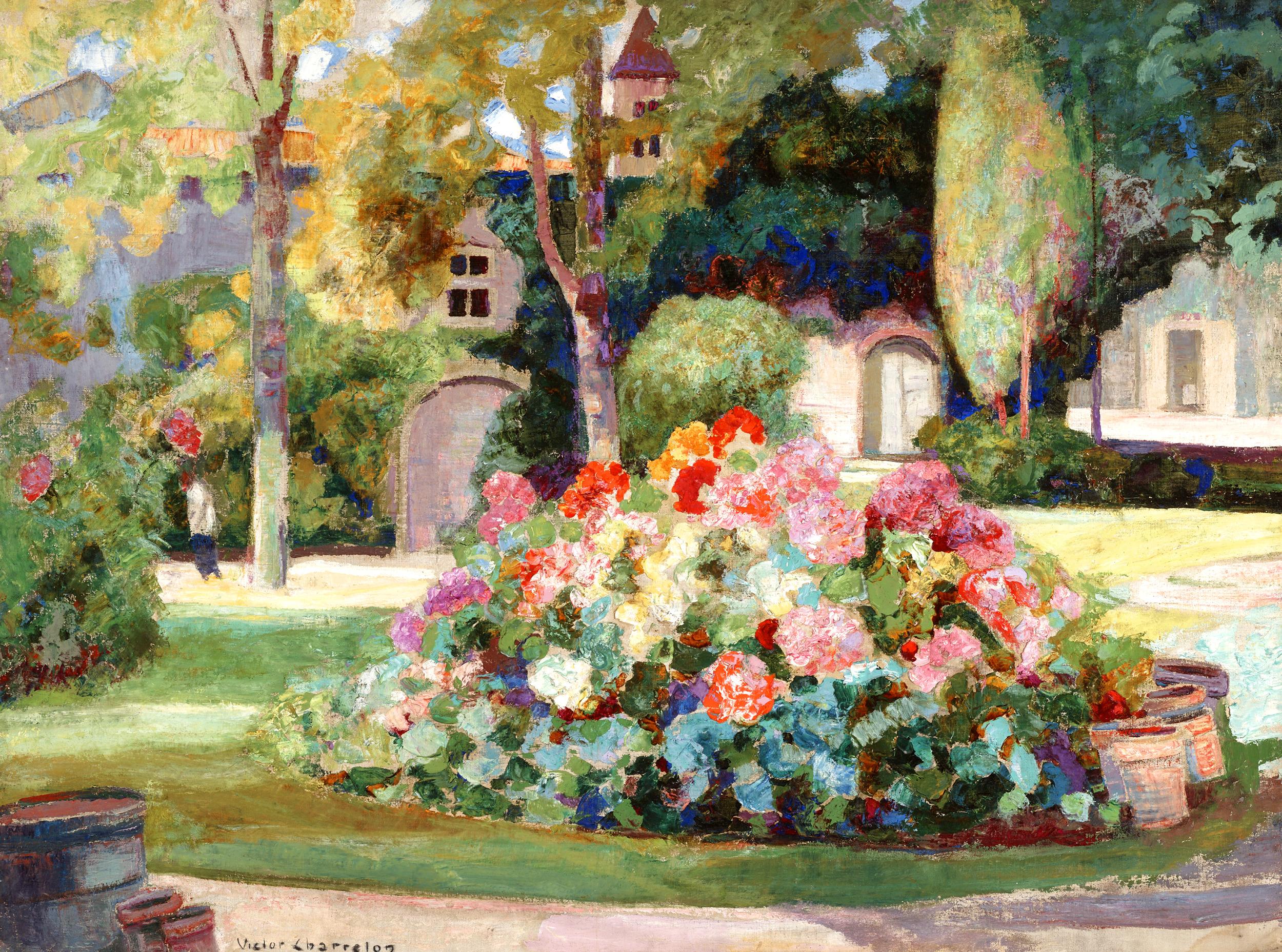 Victor Charreton
1864-1966  French

Fleurs dans le parc
(Flowers in the Park)

Signed (lower left)
Oil on canvas

Combining varied passages of thick and thin paint, Victor Charreton masterfully captures the transparency of light in this airy oil on