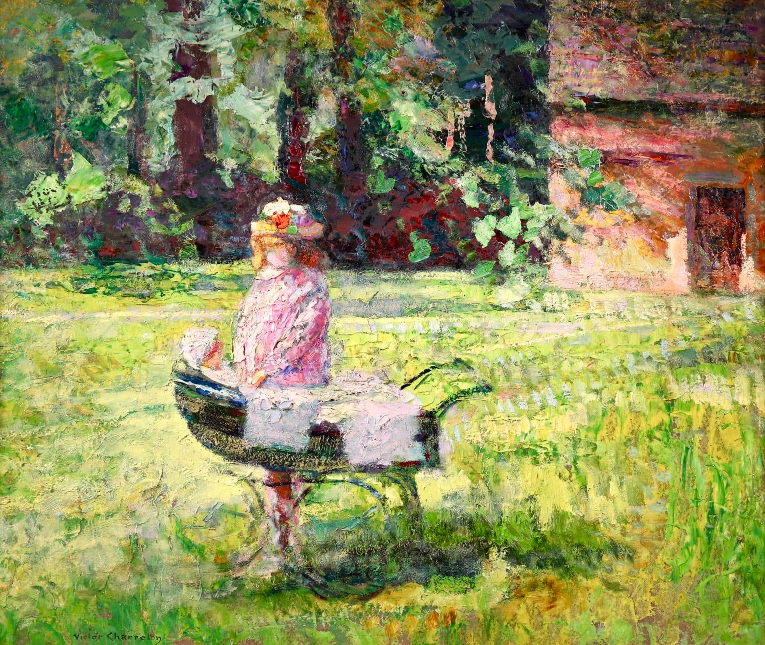 Signed figure in landscape oil on board circa 1910 by sought after French post impressionist painter Victor Charreton. This charming piece depicts a young girl in a pink dress and hat playing with a doll in a pram. She stands in long green grass in